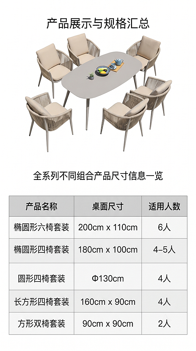 [第8屏] 产品规格参数，汇总全系列不同组合产品尺寸信息。本屏使用【图4】作为产品展示。
[氛围/风格] 干净清晰参数页，简约专业，信息易读。
[文字版式] 上方产品小图展示椭圆形六椅套装，下半区清晰参数表格，包含不同组合的产品名称、桌面尺寸、适用人数，文字排版整齐，行列分明。
[元素布局] 上产品下参数，产品占上方30%，参数表占下方70%，保留产品原有颜色和外观，信息清晰不拥挤。
[光影质感] 均匀柔光，文字和产品都清晰可见。
[配色色系] 全局底色 #FFFFFF，表头浅灰色，文字黑色，产品正常展示颜色。
[视角构图] 产品居中展示，参数表整齐排列在下方，从上至下阅读。
[比例分辨率] 9:16 竖版，4K分辨率，文字清晰可辨，高清画质。
[负向提示词] 表格错乱，文字模糊，产品变形，颜色偏差，水印。