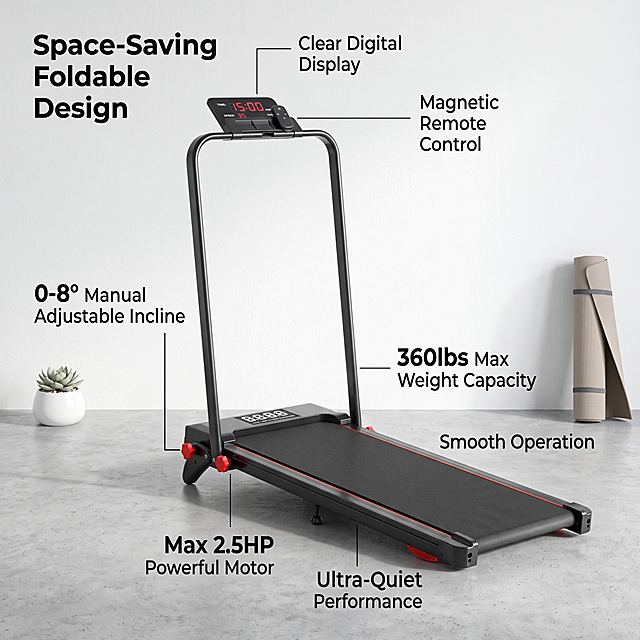 Commercial product photography of a foldable treadmill, 1600x1600 pixels. The treadmill is the absolute visual focus, occupying 65% of the frame, complete and uncropped. Product is placed on a modern minimalist home gym floor with light gray concrete texture. Background is a clean white wall with subtle texture. Two small decorative elements: ① left side, a small potted succulent plant in a ceramic pot; ② right side, a folded yoga mat leaning against the wall. Lighting is soft studio lighting from front-left at 45 degrees, creating gentle shadows and highlighting the treadmill's features. Add English text overlays highlighting key features: 'Max 2.5HP Powerful Motor', '360lbs Max Weight Capacity', 'Smooth Operation', '0-8° Manual Adjustable Incline', 'Ultra-Quiet Performance', 'Clear Digital Display', 'Magnetic Remote Control', 'Space-Saving Foldable Design'. Text should be clean, modern sans-serif font, positioned around the product without obscuring key features. Strictly preserve all product details, colors, and components from the reference images.