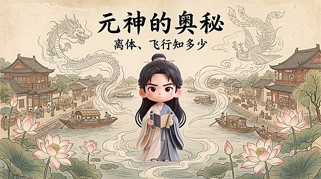以上传图片人物的五官为蓝本塑造IP Q版，做视频封面。主标题为"元神的奥秘"，副标题为"离体、飞行知多少"。风格适配标题，整体古色古香，融入宋画、清明上河图风格，添加线描气态龙凤装饰，出水芙蓉意境。