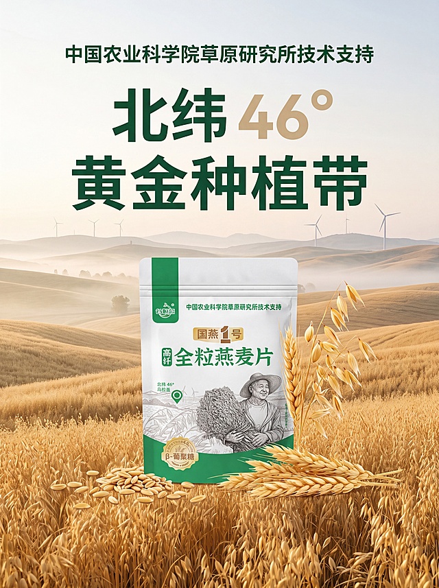 竖版农产品商业海报，背景是大片大草原燕麦麦田，标注文字“北纬 46° 黄金种植带”，薄雾柔光氛围感，远处是丘陵与风力发电机，层层金色燕麦麦浪；画面中心摆放谷粒态国燕 1 号高纤全粒燕麦片包装袋，旁侧摆放新鲜燕麦麦穗，顶部预留文字位置用于排版“中国农业科学院草原研究所技术支持”字样，整体配色深绿 + 米白，原生态写实摄影，8K 超清，景深自然，食物质感干净通透，排版规整留白充足，乡土农产品高级质感，细节细腻，适合线下门店、展销会张贴