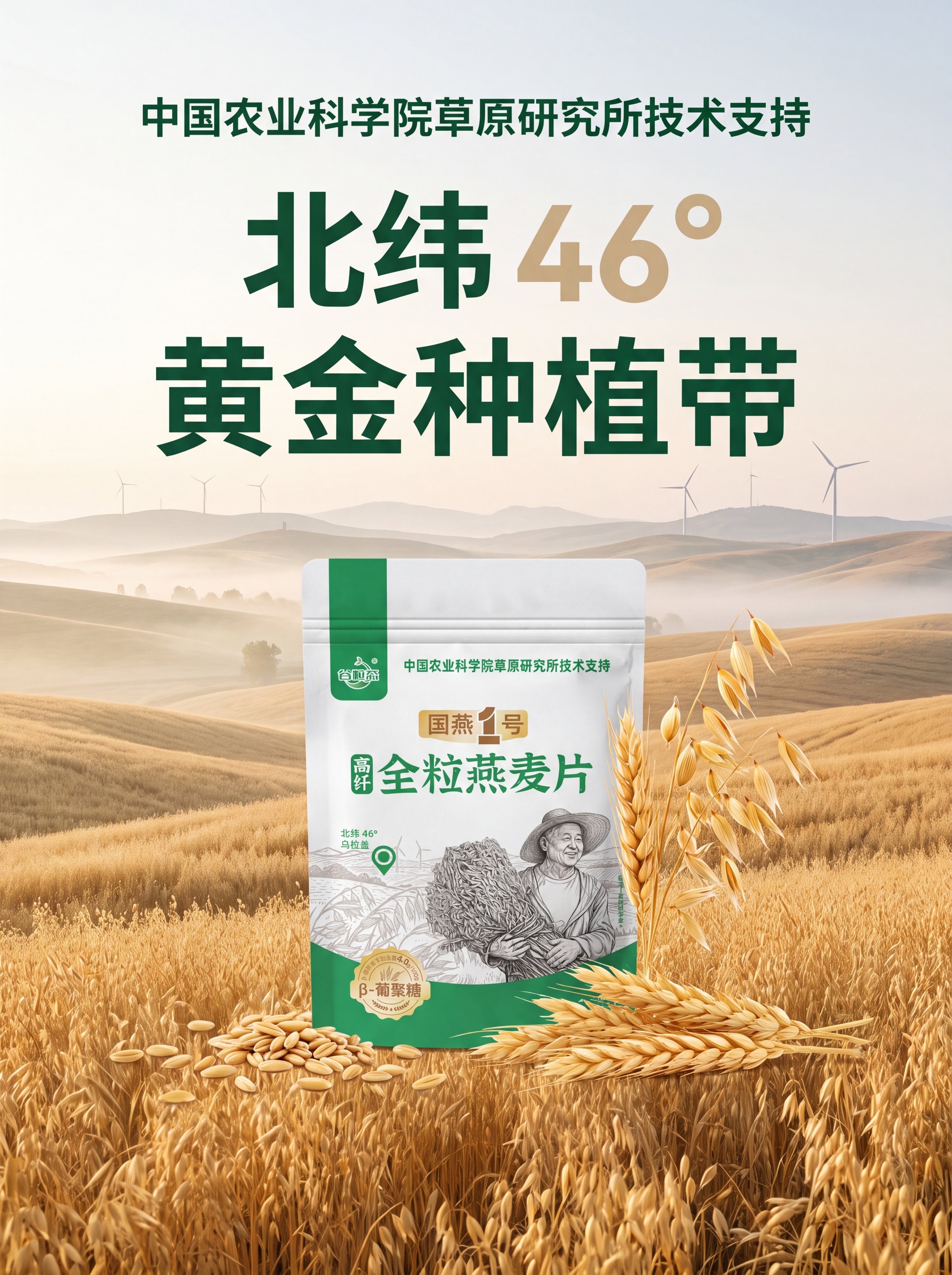 竖版农产品商业海报，背景是大片大草原燕麦麦田，标注文字“北纬… - 图片创意预览