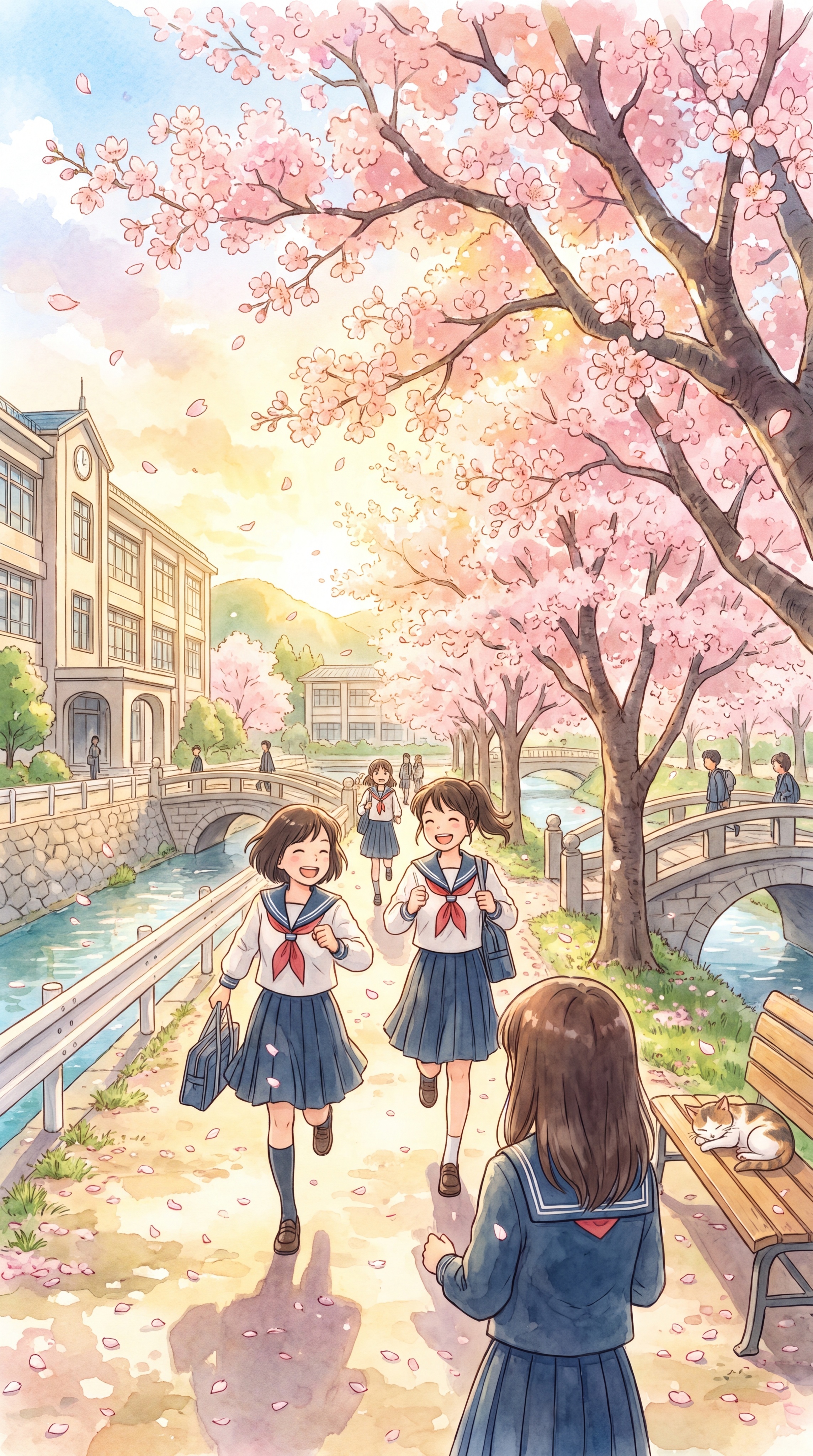 春日校园，阳光明媚，穿校服的学生在樱花树下奔跑，充满青春活力，… - 图片创意预览
