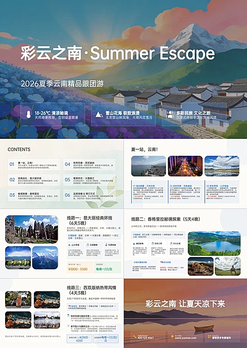 旅游游客夏季云南跟团游手绘插画风PPT套装