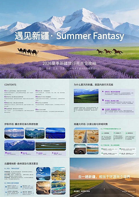 旅游出行新疆夏季旅行种草高颜值风光推广PPT套装