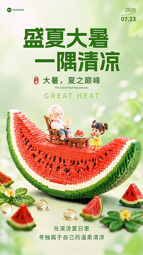 大暑节气祝福童趣风通用手机竖版海报