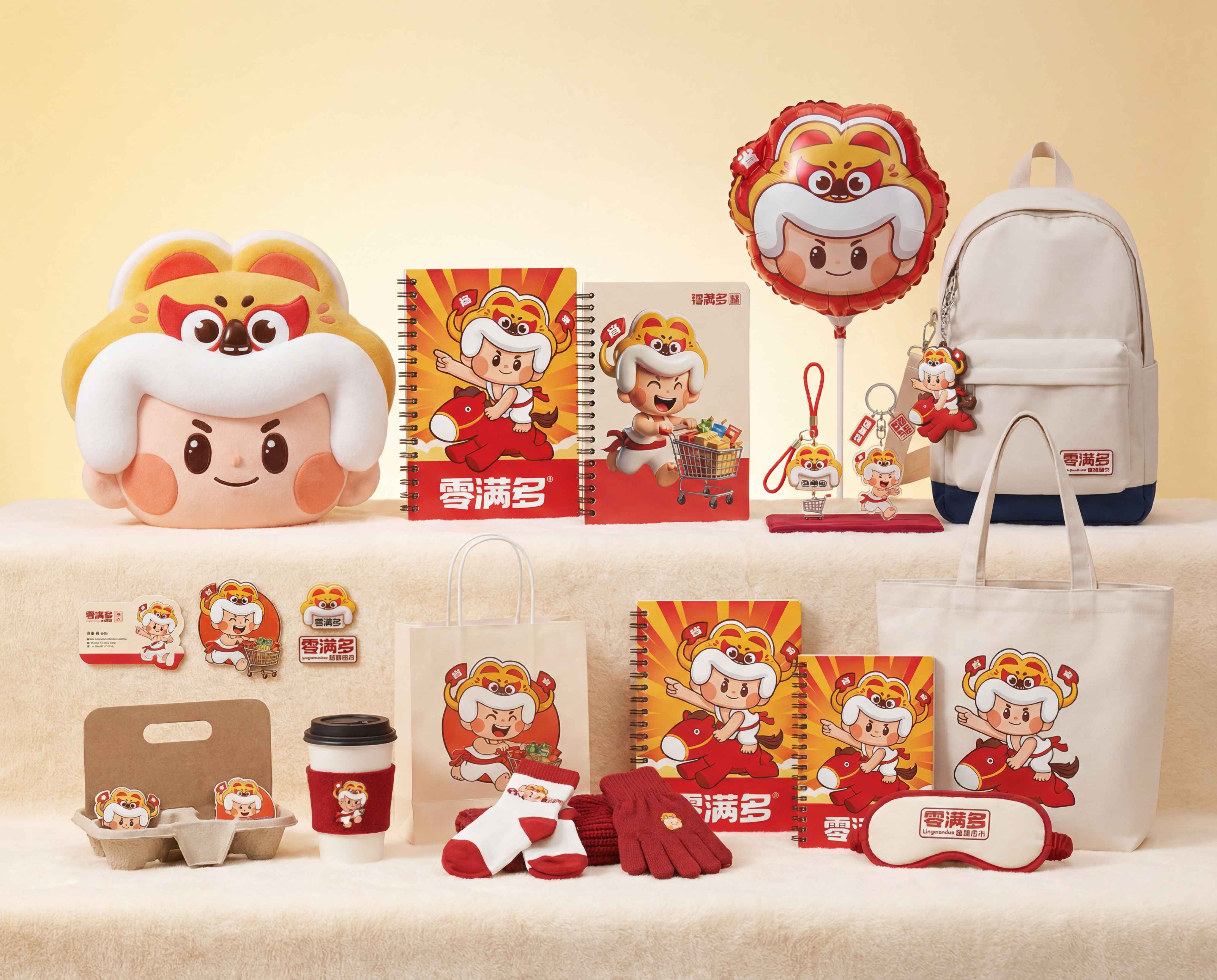将提供的10张零满多IP周边产品图片整合到同一个画面，有序陈列… - 图片创意预览