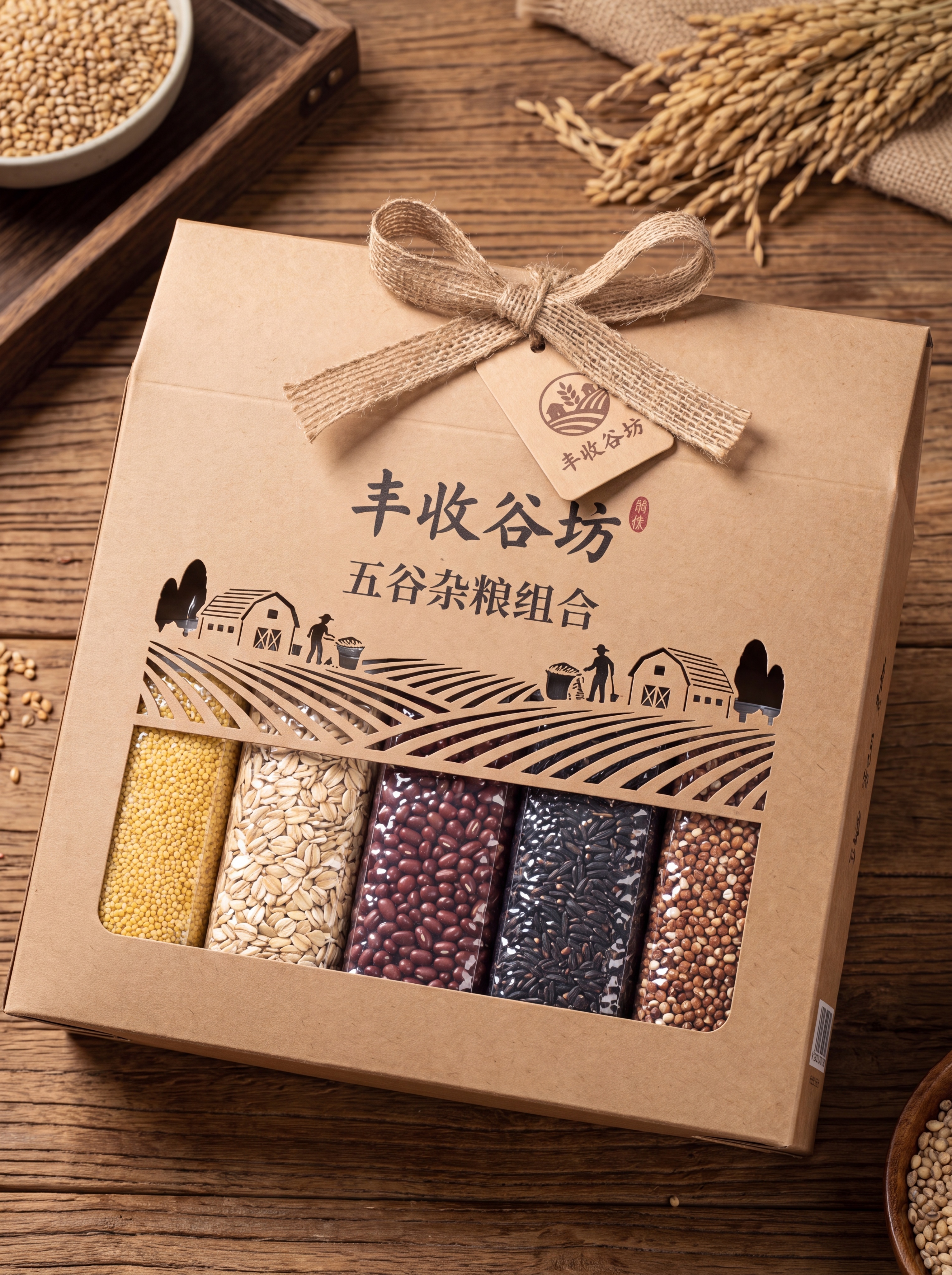 生成这款品牌杂粮组合礼盒，保留纸雕开窗设计，内装小米、燕麦等多… - 图片创意预览
