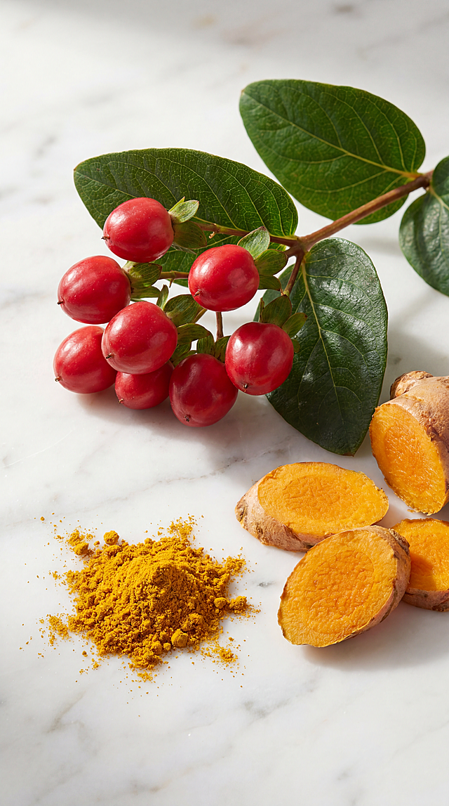 Photorealistic macro photography, a sprig of fresh vibrant red berries with green leaves next to a sliced raw turmeric root and a small pinch of golden turmeric powder, resting on a clean white marble vanity surface, morning natural sunlight, real organic ingredients, incredibly sharp focus, hyper-realistic, 8k resolution