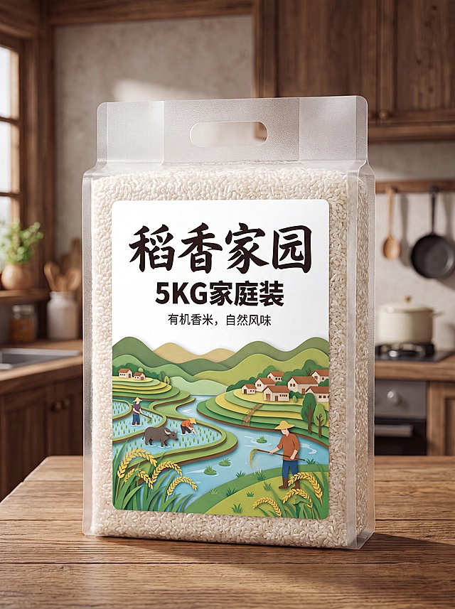生成这款大米品牌5kg家庭装真空包装设计，保留原有田园纸雕核心设计风格，调整包装尺寸和排版，适配家庭规格