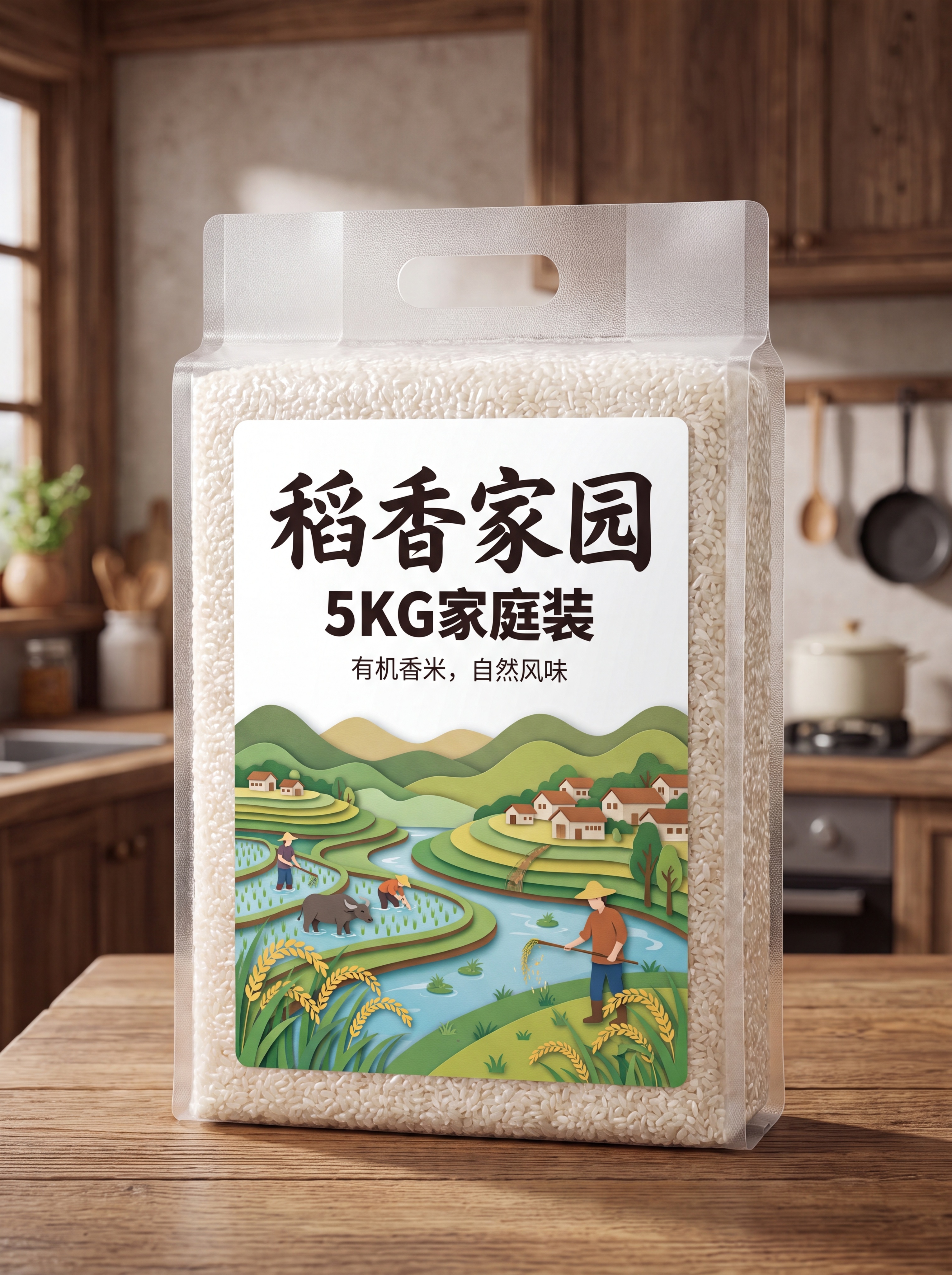 生成这款大米品牌5kg家庭装真空包装设计，保留原有田园纸雕核心… - 图片创意预览