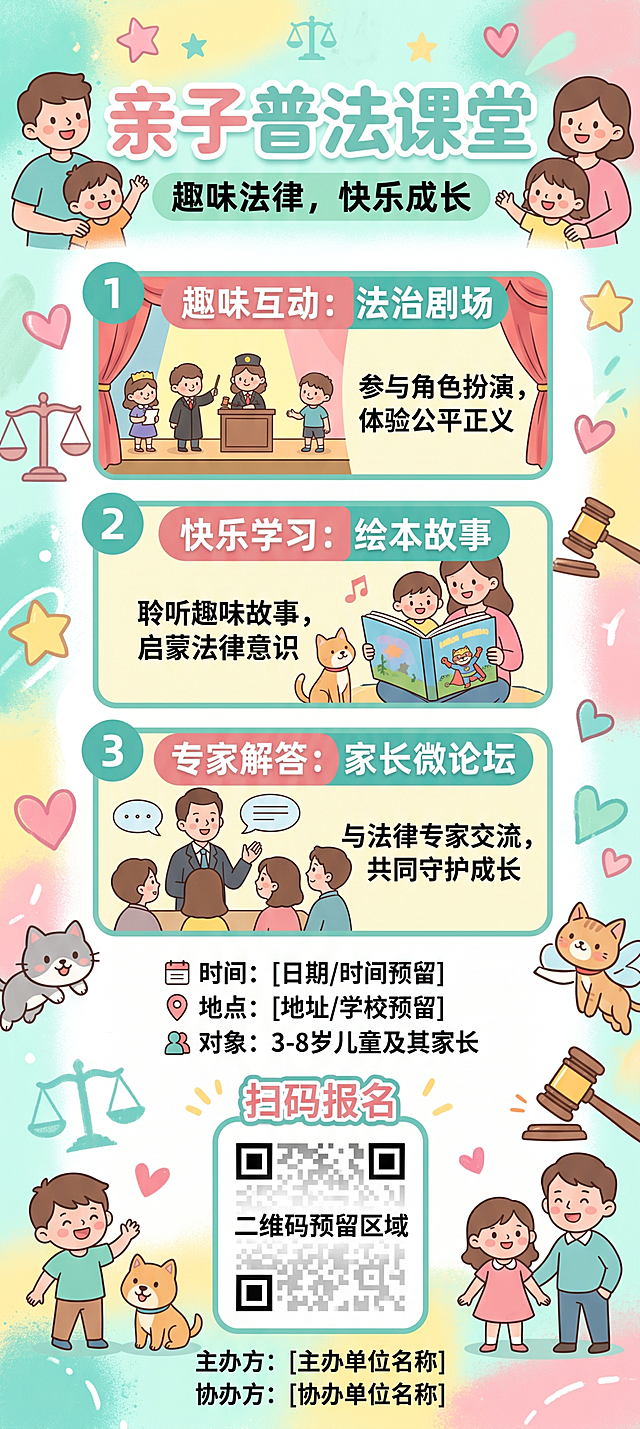 涂鸦风格亲子普法课堂海报，调整设计：1.收窄上半部分主副标题区域，避免过宽；2.完整展开三条活动亮点；3.放大二维码预留区域；4.整体画幅加长，比例9:20；5.背景调整为明媚淡彩风格，适合儿童观看，保留原海报全部文案信息，文字清晰可读。
