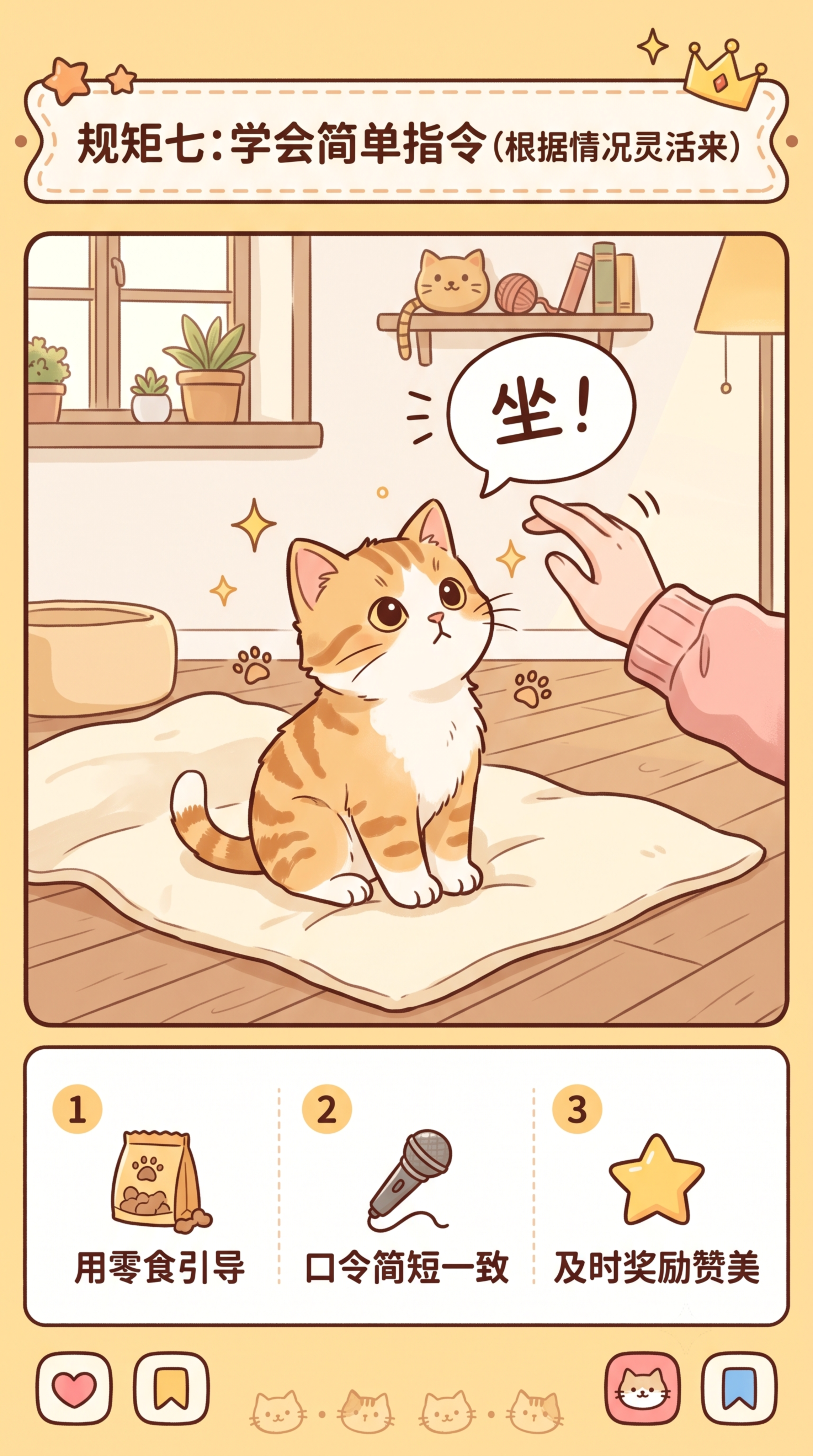 小红书养猫内容图，卡通风格，画面主体是小猫听从主人指令坐好，标… - 图片创意预览
