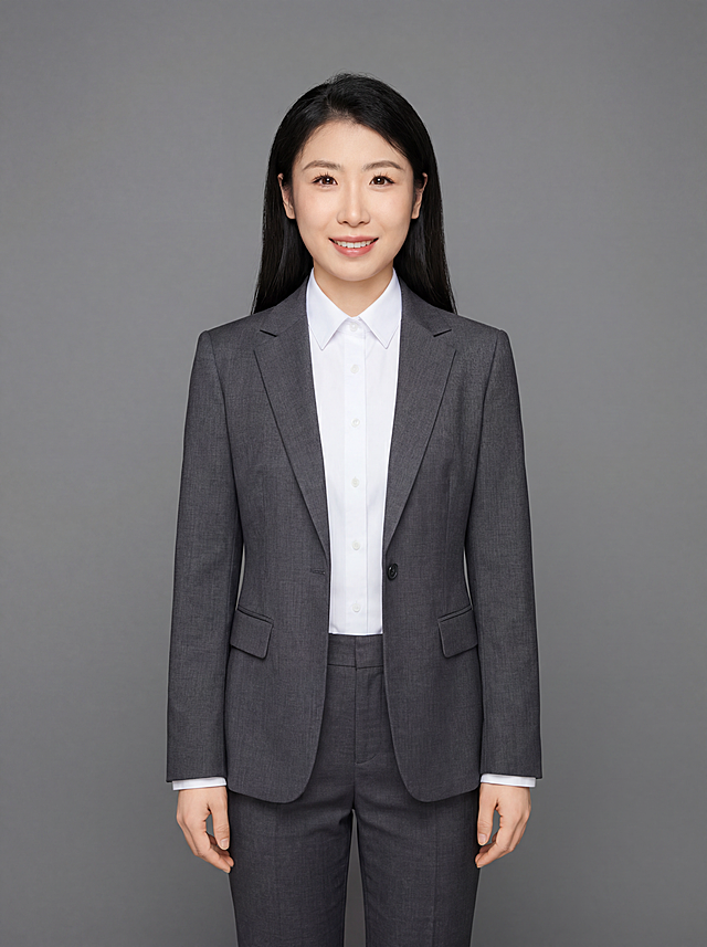 参考图中保留人物脸型、发型、年龄等特征生成职场形象照，标准焦段50mm，f/4光圈，平视视角，镜头与人物视线齐平；人物占画面中心，为视觉聚焦点，全身照，展现人物完整身形；左右留少量背景空间；头部与画面顶部保留合理空间；头身比例协调，人物结构准确；身穿深灰色精纺羊毛混纺西装外套，平驳领设计，面料呈细腻微微哑光质感；内搭白色高支精梳棉衬衫；下装深灰色精纺羊毛混纺西裤；着装正式干练；专业稳重；身形匀称，姿态端正，身体挺拔。呈自然站姿，双手自然下垂，肢体放松且自信；发质微微柔顺，微微蓬松；简约微微中度灰色纯色背景，呈现均匀柔和质感，背景光线均匀柔和，强化色彩对比的高级感，极简干净；画质超高分辨率、细节清晰，现代精致感风格；肤质精细化处理；眼神直视镜头，目光坚定且澄澈，表情自然，嘴角上扬；清透自然裸妆，轻薄底妆+淡唇妆，妆感轻薄轻透裸肌感，通透感肤质，肤质自然细腻，肤色健康均匀，雾面柔光裸肌感，保留真实皮肤细节｡正面柔光补光，4800K中性光，面部光比1:1.5，色调明亮｡写实摄影，对焦清晰，高清保留皮肤细节；分辨率4K，去除人物之外的所有元素，严格按照图片内容生成，画面比例3:4