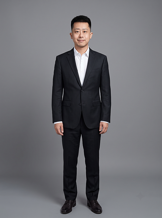 参考图中保留人物脸型、发型、年龄等特征生成职场形象照,标准焦段50mm,f/4光圈(f/2.8-f/4区间),平视视角(镜头与人物视线齐平);人物占画面,人物居中(居中构图),位于画面中心,为视觉聚焦点,全身照, 展现人物完整身形; 左右留少量背景空间;头部与画面顶部保留5%空间;头部发型完整,头肩比例协调,人物结构准确;身穿深黑色精纺羊毛混纺西装外套,(平驳领设计,面料呈细腻微微哑光质感);内搭白色高支精梳棉衬衫;下装深黑色精纺羊毛混纺西裤;着装正式干练;专业稳重;身形匀称,姿态端正,身体挺拔。呈自然站姿+双手垂放,肢体放松且自信;发质微微柔顺，微微蓬松;主体锐利,去除项链配饰，干净简约;简约微微中度灰色纯色背景(呈现均匀柔和质感),背景光线均匀柔和,强化色彩对比的高级感。极简干净;画质超高分辨率、细节清晰,现代精致感风格;肤质精细化处理;眼神直视镜头,目光坚定且澄澈,表情自然。嘴角上扬;肤质自然细腻,肤色健康均匀,皮肤状态清爽干净,保留真实皮肤细节｡正面柔光补光,4800K中性光,面部光比1:1.5｡中近景写实摄影,对焦清晰,面部雾面柔光,轻透裸肌感,高清保留皮肤细节｡分辨率4K,去除人物之外的所有元素。严格按照图片内容生成。画面比例3:4