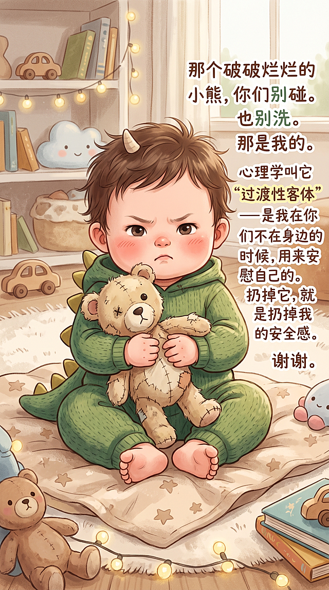 创作一个有点萌又有点坏攻击性的可爱小宝宝形象，人设是萌坏宝宝，风格软萌，抱着一个破破烂烂的旧小熊，画面里的宝宝表情认真又带点小脾气，软萌画风，画面中添加文字：那个破破烂烂的小熊，你们别碰。也别洗。那是我的。心理学叫它“过渡性客体”——是我在你们不在身边的时候，用来安慰自己的。扔掉它，就是扔掉我的安全感。谢谢。