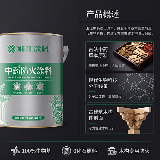 「图片1」生成一套主图，商品名称为中药防火涂料，适配淘宝/天猫平台，单图比例为1:1，需求屏数为6张。我下面给你的都是参数，你自己选择 我只需要6张主图

整体统一调性：工业高级防火产品风，低饱和灰银为主色调，点缀深墨绿做品牌点缀，拒绝大面积纯绿；质感金属桶+实木肌理+防火阻燃视觉氛围，国风古建+现代工业双融合，光影干净高级，电商详情页高清写实4K，商业产品摄影，细节清晰，无多余杂物



第一屏首屏主视觉：

主画面：居中摆放原图同款银金封边金属涂料桶（湘江涂料logo、中药防火涂料标题保留），背景浅炭灰渐变，左右分置古风木梁燃烧阻燃特效、现代木质别墅防火防护场景微光；点缀少量草本植物暗纹，无大面积绿色。

文字排版分层：顶部大字「湘江涂料｜全球首款中药防火涂料」，底部小字标语「千年古方生物基阻燃，木构专属安全防护」

画面参数：4K超写实商业产品摄影，柔和侧逆光，金属桶拉丝质感清晰，火焰特效柔和不刺眼，低饱和高级灰基底，墨绿仅用作文字线条点缀，极简工业国风，通透干净，电商详情首屏海报，景深突出涂料桶主体



第二屏产品概述：

画面构图：左右分栏，左侧金属涂料桶半展示，右侧拆分视觉元素：古法中药草本原料、现代生物科技分子线条、古建筑木构件剖面；背景哑光深灰，细浅银灰色纹理底，少量墨绿色细线条区分板块，无大块绿色。

内容文案对应排版：标题「产品概述」，正文完整放置给定概述文案；底部极简图标标注三大核心标签：100%生物基、0化石原料、木构专用防火。

画面参数：简约工业详情页版式，扁平化写实结合，光影柔和，国风线条勾勒古建纹样，科技感低多边形分子图形，整体冷峻防火安全风，高清电商详情板块，文字清晰可读



第三屏产品五大核心特点：

画面构图：深炭灰底色，5个独立分区卡片式布局，卡片边框浅墨绿细线条，每个卡片搭配对应写实小场景插图，中心放置完整涂料桶缩小版做视觉锚点，无大面积绿色。

5个分区对应配图：

1. 环保无毒：密闭室内空间、文物展柜场景

2. 阻燃高效：木板接触明火30秒自熄阻燃测试特写

3. 防虫防霉：白蚁远离木构件、无霉斑原木切面

4. 原貌守护：保留清晰原木木纹、古建雕花细节

5. 历史传承：古代漆艺匠人+故宫木构防火工艺插画

文字：每个卡片顶部小标题，下方对应完整产品特点文案

画面参数：模块化电商详情板块，高级灰商务防火风，写实实拍小插图，文字层次分明，对比度适中，8K高清，工业防护产品视觉




第四屏适用场景：

画面构图：三栏均等横向布局，深灰渐变背景，仅分割线使用墨绿色，每栏顶部分类标题，下方实景写实效果图，底部小字标注适配品类。

三栏场景对应：

1. 古建文物栏：寺庙祠堂木质斗拱、古村落木楼、文物木构件

2. 居住商业栏：木质民宿、原木酒店包厢、室内人员密集场馆

3. 装饰工艺栏：木雕佛像、实木家具、字画木裱、木质工艺品

角落放置小型涂料桶作为品牌标识点缀

画面参数：实景合成电商板块，柔和自然光，木质纹理真实细腻，整体沉稳防火安全调性，低饱和配色，无大面积绿色，版式整洁大气



第五屏产品技术参数：

画面构图：极简工业数据面板风，哑光黑灰底色，白色表格为主，表头用浅墨绿区分，左侧放置金属涂料桶侧边特写，右侧完整国标参数表格，对应全部给定技术参数。

视觉元素：细微防火、检测仪器简约线条图标点缀表格四周，无多余绿植、大面积绿色元素。

画面参数：科技感工业参数详情板块，字体清晰工整，表格规整，冷色调安全防火视觉，高清电商参数板块，专业严谨质感







通用全局约束（所有屏幕统一要求）

1. 主色调：炭灰、银金属色、原木浅棕为主，墨绿色仅用于文字、分割细线、小图标点缀，禁止超过10%画面占比，杜绝大面积绿色背景/色块

2. 风格统一：工业防火防护产品写实商业摄影，融合国风古建线条，科技阻燃可视化特效，质感高级厚重，适配工程、古建、家具采购客户

3. 画质标准：4K超高清，光影均匀柔和，无过曝死黑，文字清晰可阅读，电商详情长图版式，模块分割规整，无杂乱元素

4. 核心视觉锚点：每屏均少量露出湘江涂料金属桶，强化产品本体，全程突出「防火阻燃」核心卖点，草本、中药元素仅做细微暗纹装饰，不抢占防火主题视觉重心