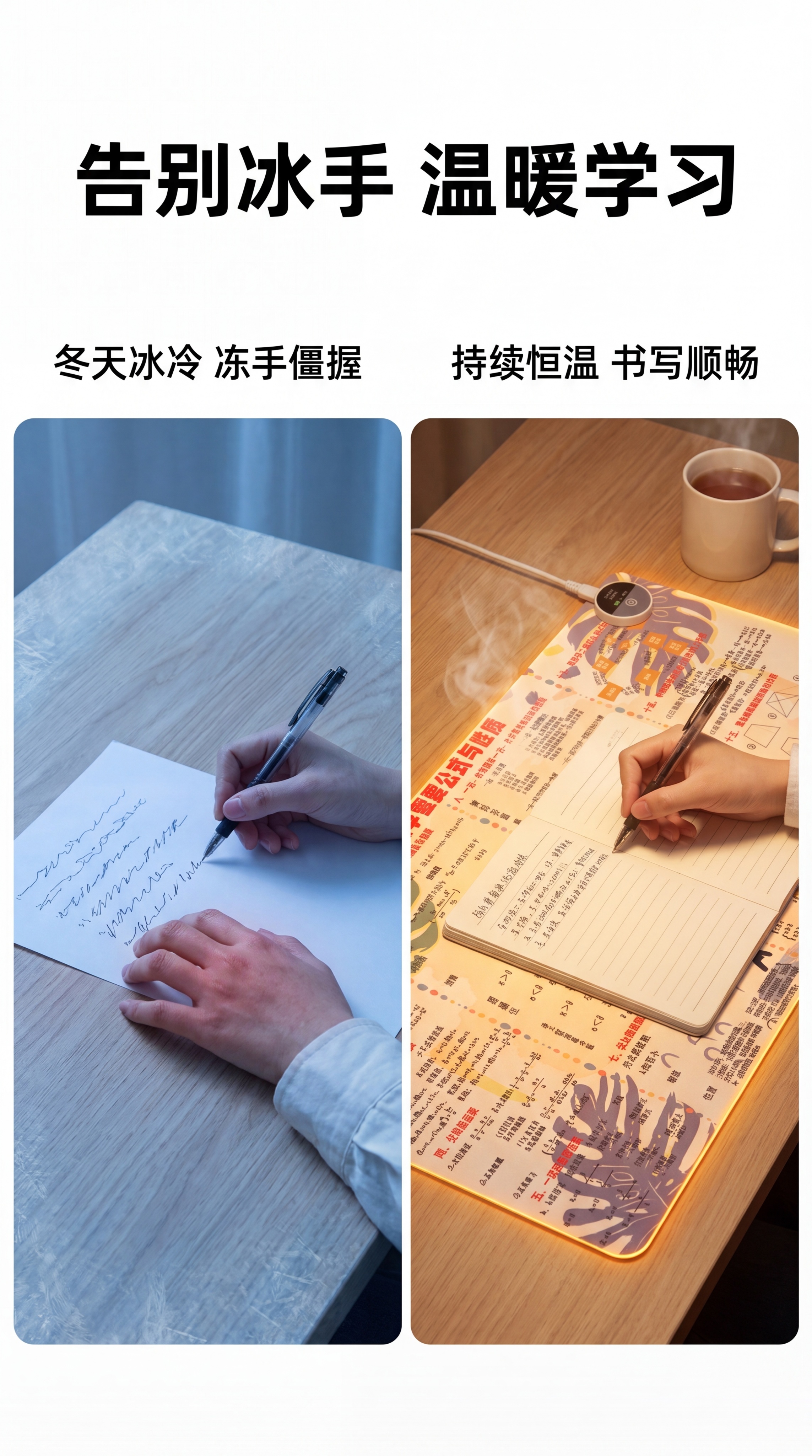 [第2屏] 痛点解决对比页-冬季办公学习痛点与加热桌垫解决方案… - 图片创意预览