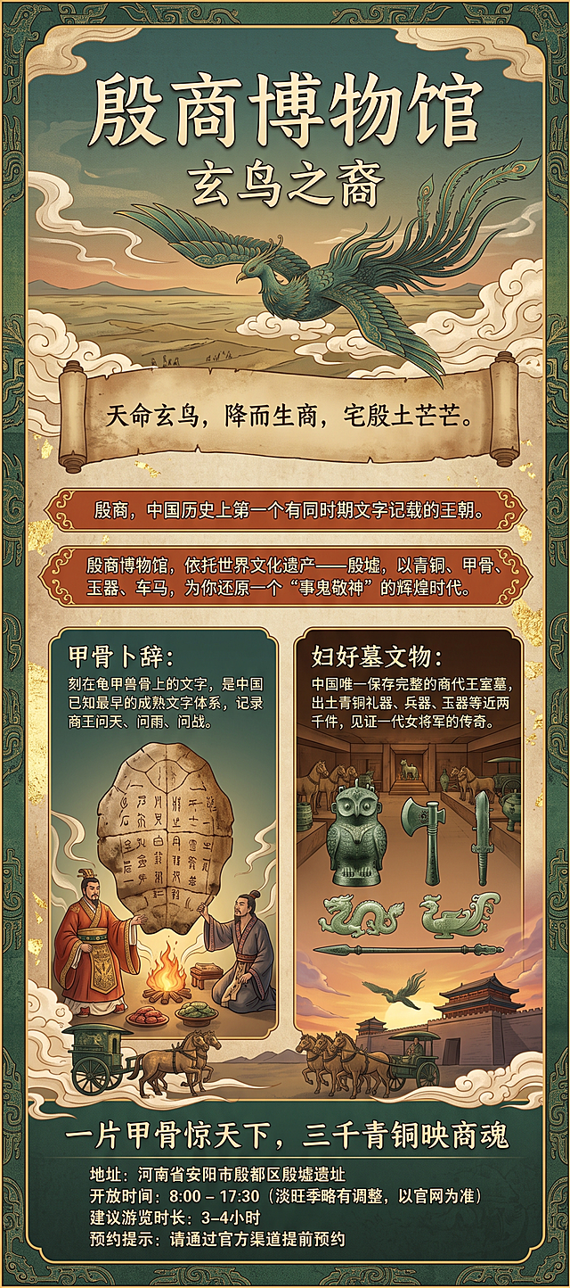 设计80*180CM单面竖版殷商博物馆宣传海报，色调偏古典不能太暗，画面饱满丰富，保留所有文案内容：
殷商博物馆
玄鸟之裔
“天命玄鸟，降而生商，宅殷土芒芒。”
殷商，中国历史上第一个有同时期文字记载的王朝。
殷商博物馆，依托世界文化遗产——殷墟，以青铜、甲骨、玉器、车马，为你还原一个“事鬼敬神”的辉煌时代。
甲骨卜辞：刻在龟甲兽骨上的文字，是中国已知最早的成熟文字体系，记录商王问天、问雨、问战。
妇好墓文物：中国唯一保存完整的商代王室墓，出土青铜礼器、兵器、玉器等近两千件，见证一代女将军的传奇。
地址：河南省安阳市殷都区殷墟遗址
开放时间：8:00 – 17:30（淡旺季略有调整，以官网为准）
建议游览时长：3–4小时
预约提示：请通过官方渠道提前预约
一片甲骨惊天下，三千青铜映商魂，采用古典殷商国风风格，加入玄鸟、青铜、甲骨文等商代文化元素，排版清晰大气，保证文字清晰可辨，色彩模式CMYK