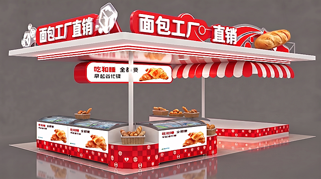 去掉图片后方的立柜冰箱和后方的白色墙壁，保留面包工厂直销摊位的岛柜、顶部招牌、中心立柱以及其他部分，保留原设计风格，整体保持协调自然