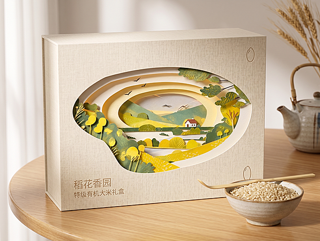 将这款大米雕刻纸雕包装设计放置到一款礼盒包装盒样机中展示，保留原设计的所有细节，整体自然逼真