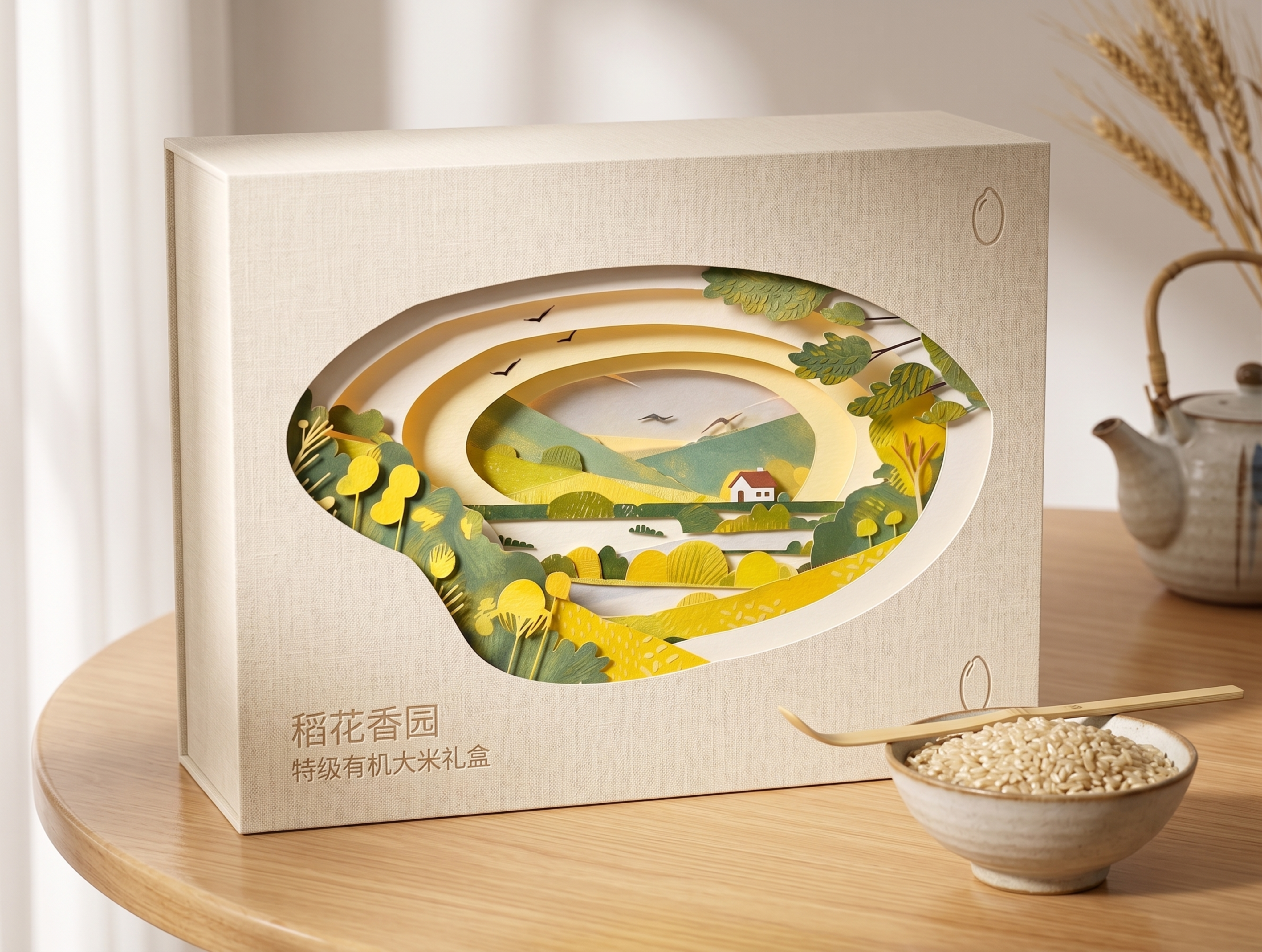 将这款大米雕刻纸雕包装设计放置到一款礼盒包装盒样机中展示，保留… - 图片创意预览