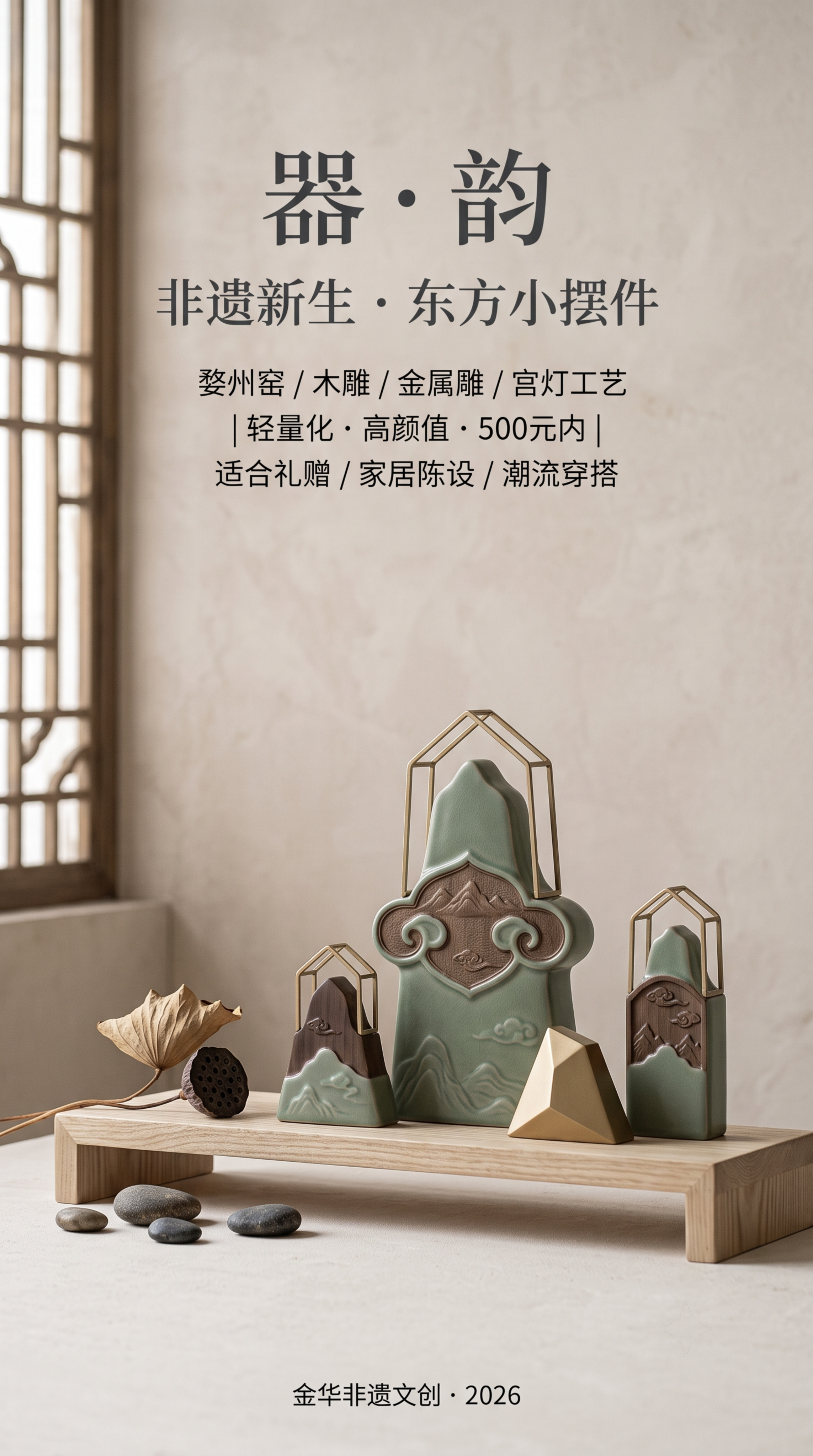 一组以金华非遗工艺为灵感的现代装饰摆件，陈列在简约的浅色木质展… - 图片创意预览
