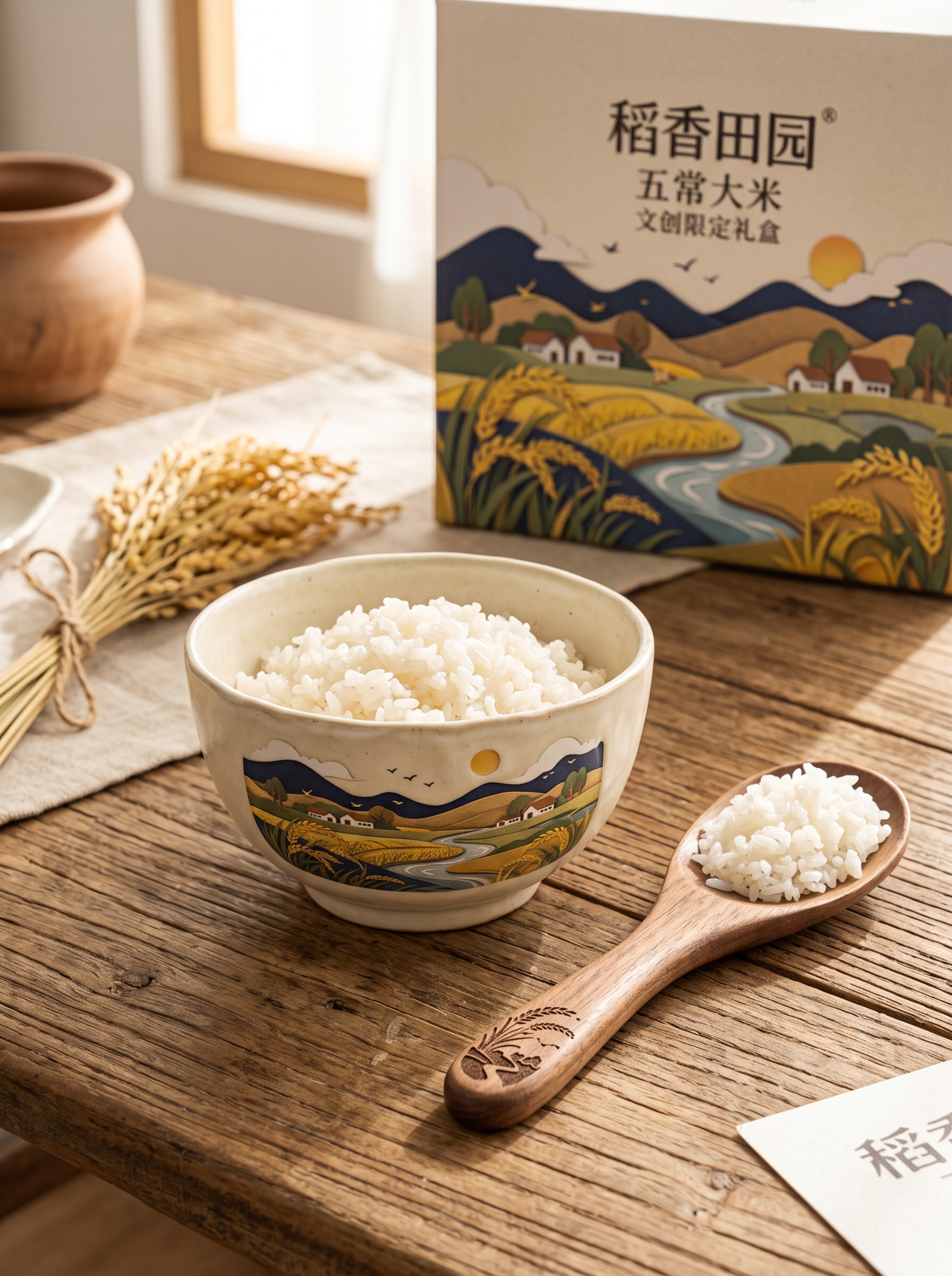 生成这套大米品牌配套的文创餐具，包含印有同款田园纸雕设计的米碗… - 图片创意预览