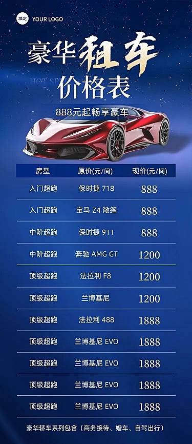 豪华租车价格表营销分析现代风长图海报