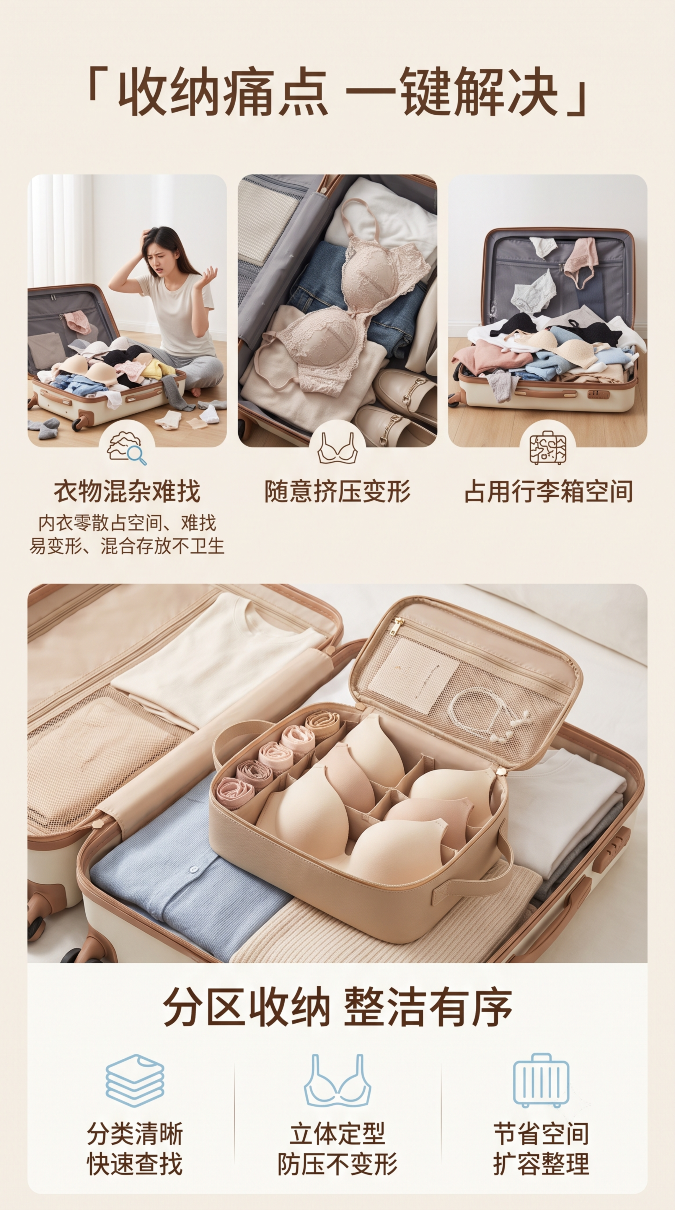 [第2屏] 痛点与解决对比页，展示旅行收纳内衣的常见痛点和本品… - 图片创意预览