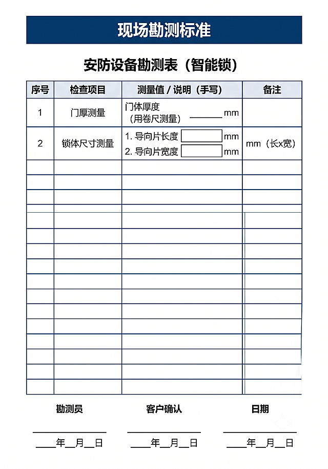 极简商务风可打印表单，A4尺寸，白底黑字深蓝色点缀，顶部有深蓝色文字"现场勘测标准"，页面标题"安防设备勘测表（智能锁）"。生成一个表格，包含检查项：门厚（用卷尺测量，单位mm）、锁体尺寸（用卷尺测量导向片的长和宽，单位mm），每个检查项预留充足填写区域。页面底部预留三栏签字栏："勘测员"、"客户确认"、"日期"。表格边框深蓝色，留白充足方便手写，极简商务风。