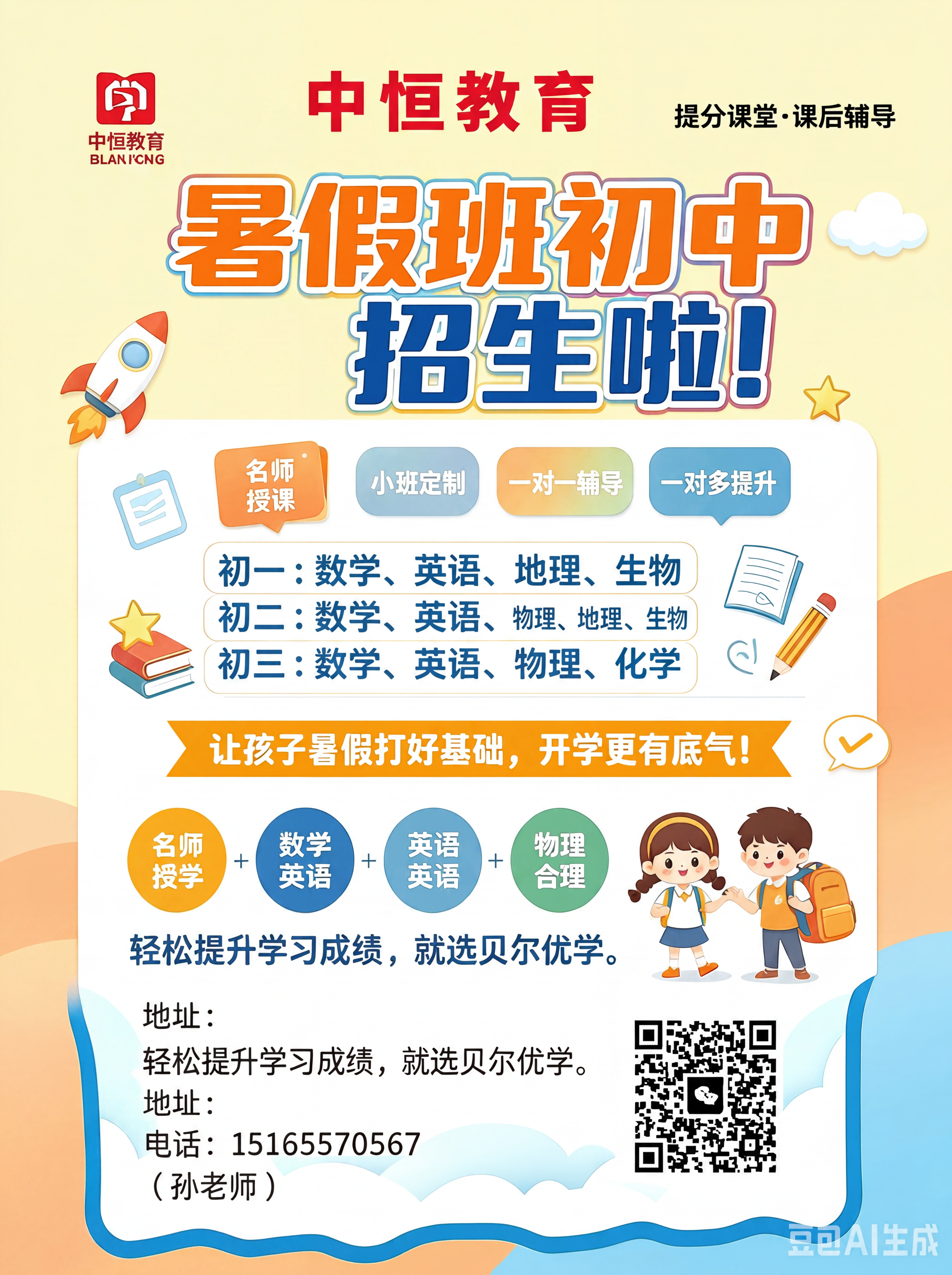修改这张招生海报：1. 删除“中招生啦!”前面的“中”字，保留… - 图片创意预览