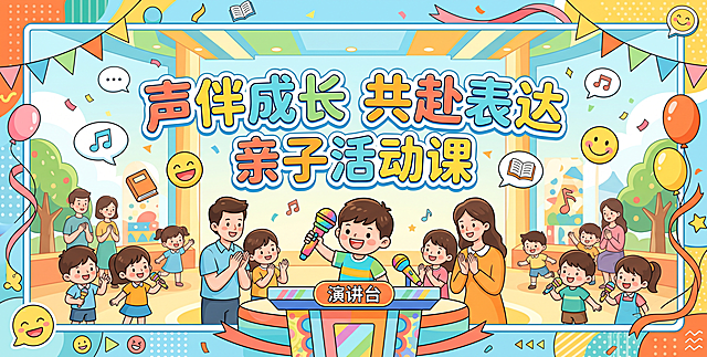 少儿口才机构亲子活动课背景图，包含文字内容，第一排是"声伴成长 共赴表达"，第二排是"亲子活动课"，文字排版为两排。体现少儿口才元素，儿童麦克风、演讲台等元素，风格活泼明亮，适合少儿培训机构活动使用，尺寸宽2.3米长4.57米