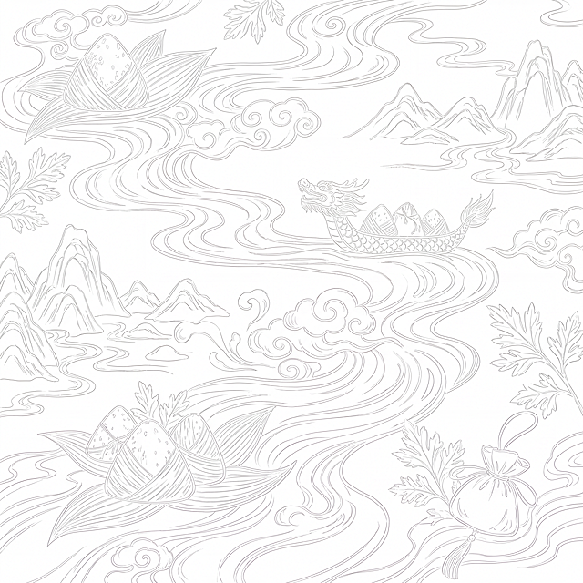 端午节主题白描图，画面融合水纹、粽子、龙舟、云纹、山水、艾叶和香囊元素，纯线条白描设计，超高设计感与国风意境，纯白背景