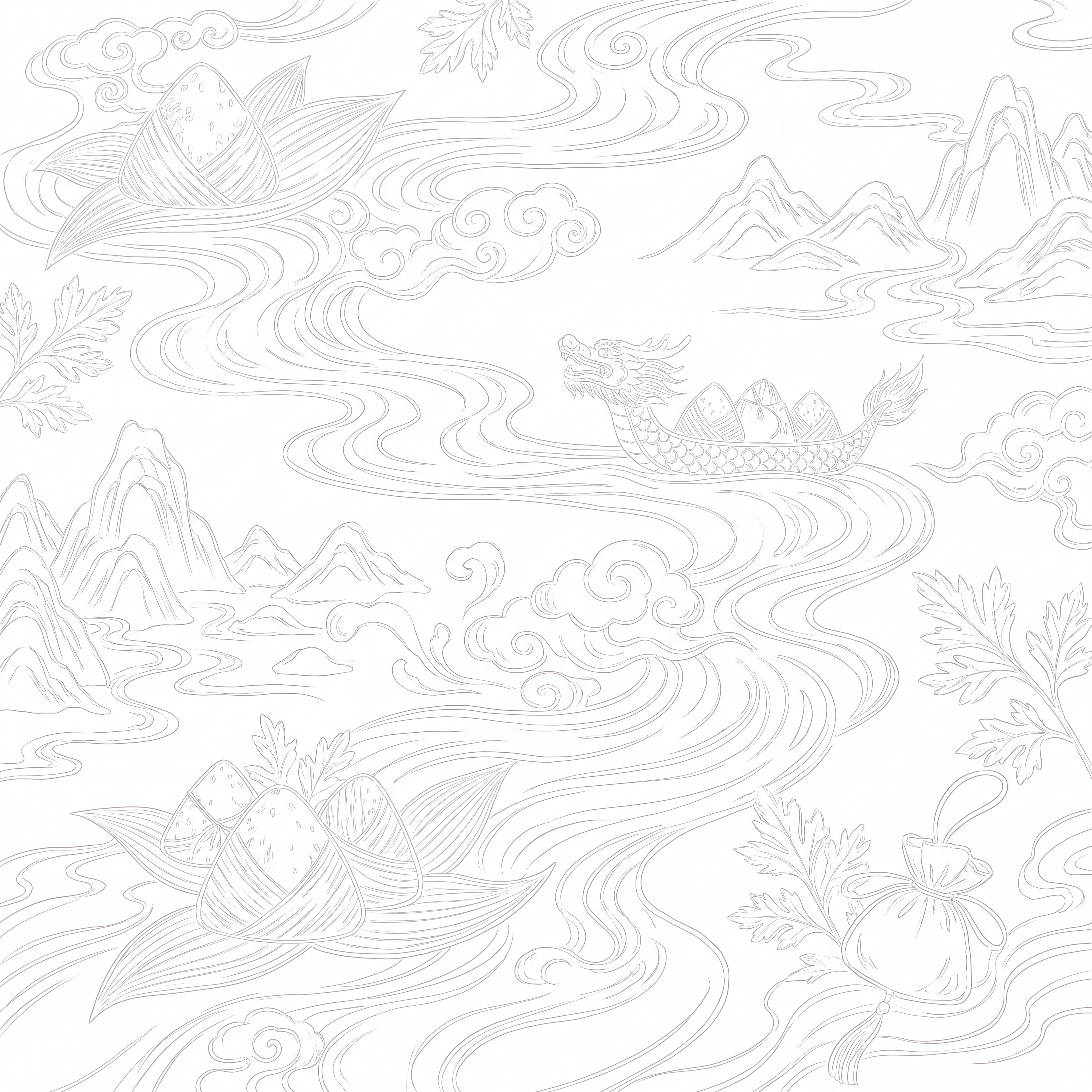 端午节主题白描图，画面融合水纹、粽子、龙舟、云纹、山水、艾叶和… - 图片创意预览