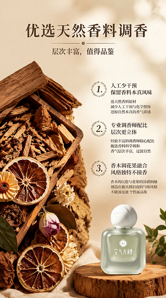 基于这张图片修改，将标题"优选天然香料调香"整体移动到页面居中位置，让标题更明显合理；同时把画面左侧干花木料图层整体适当向下移动一点，保持其他元素、风格、色调和产品外观完全不变，保持整体9:16竖版比例不变，文字保持清晰可辨