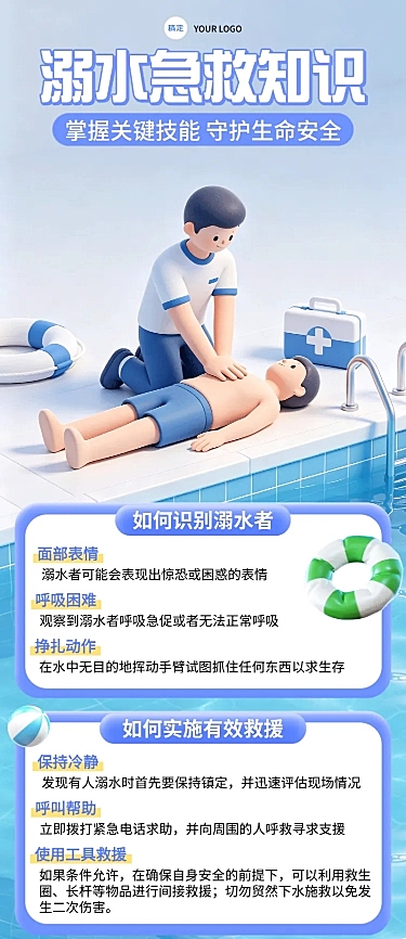 3d卡通溺水急救知识科普长图