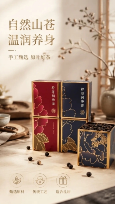 [第1屏] 详情页头图-山苍子茶礼盒新品宣传海报。本屏使用【图1】作为商品主体。
[氛围/风格] 新中式国风，雅致温馨氛围，高端茶叶商业摄影质感
[元素布局] 山苍子茶礼盒四罐装置于画面中下偏右，占比预览效果
