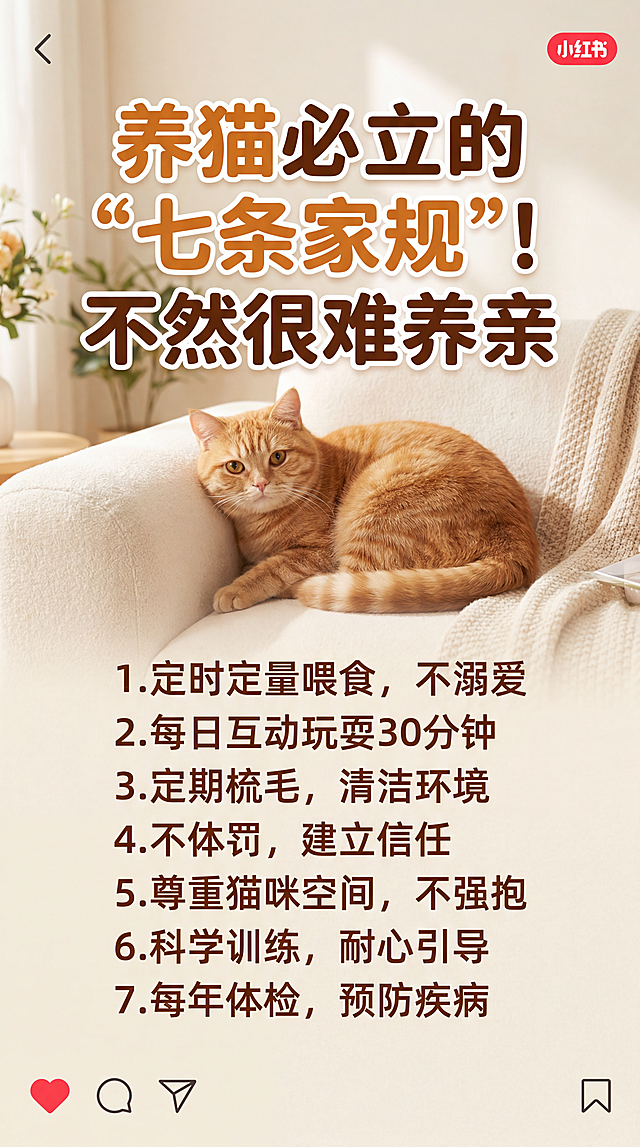 小红书养猫知识分享封面图，暖色系温馨风格，主体是一只可爱的橘猫趴在沙发上，醒目标题大字"养猫必立的“七条家规”!不然很难养亲"，清晰排版出七条家规内容，背景用浅米色，整体干净治愈，适合小红书笔记