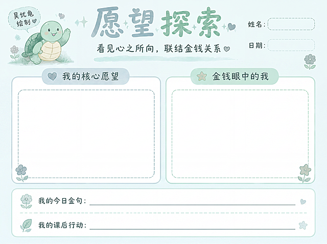 根据参考图片调整：整体色调调整为偏清冷的浅色系，降低暖色调饱和度，去除两个贴纸区域内部的“OH卡贴纸区（请在此粘贴）”字样，只保留框线留白用于粘贴。将左上角的小乌龟画得更软萌可爱，保持A4横版，保留所有指定区域：“我的核心愿望”粘贴区、“金钱眼中的我”粘贴区、我的今日金句、我的课后行动、姓名、日期填写区，保留主副标题和“吴忧龟绘制”字样，保持干净简洁的手绘风格。