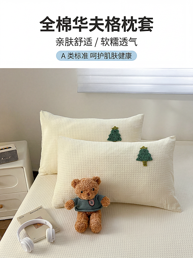 「图片1」，生成一套详情页，竖版简约 ins 风全棉华夫格圣诞树毛巾绣枕套家纺电商宣传海报，纯白色简洁背景；
顶部居中文字排版：大号粗体标题「全棉华夫格枕套」，下方小字卖点文案「亲肤舒适 / 软糯透气」，再下方浅蓝色圆角矩形标签文案「A 类标准 呵护肌肤健康」；
下半部分卧室实拍场景：两个错落摆放米白色华夫格肌理枕套，枕面带有立体毛巾绣绿色小树图案，铺在同面料华夫格床面上；床面摆放穿衣泰迪毛绒玩偶、杂志画册、白色头戴式耳机；左侧奶油风床头柜摆放复古小音响；墙面搭配百叶帘，柔和漫射自然光，清新治愈简约居家氛围，华夫格凹凸面料肌理清晰立体，毛巾绣刺绣质感精致饱满，8K 超写实商业家纺产品实拍质感，家纺电商详情宣传海报版式，单图比例为3:4，需求屏数为1张。
