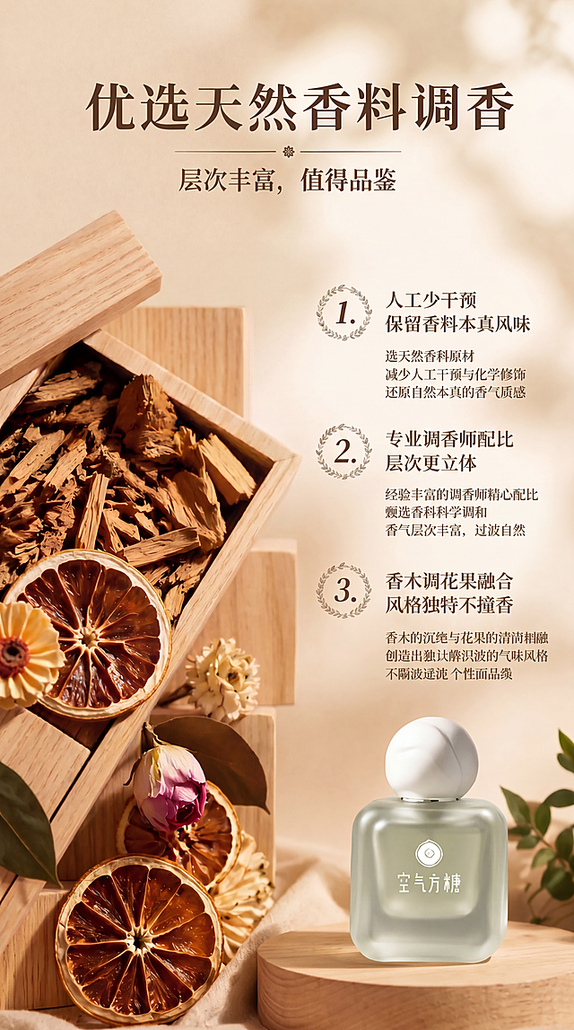 基于图1修改，将左侧浅木盒中的干花干果图层替换成图2左侧的碎香料木块样式，标题保持居中不变，背景保持当前图1的浅色木质不变，产品位置和右侧卖点文字、整体色调和9:16比例全部保持不变