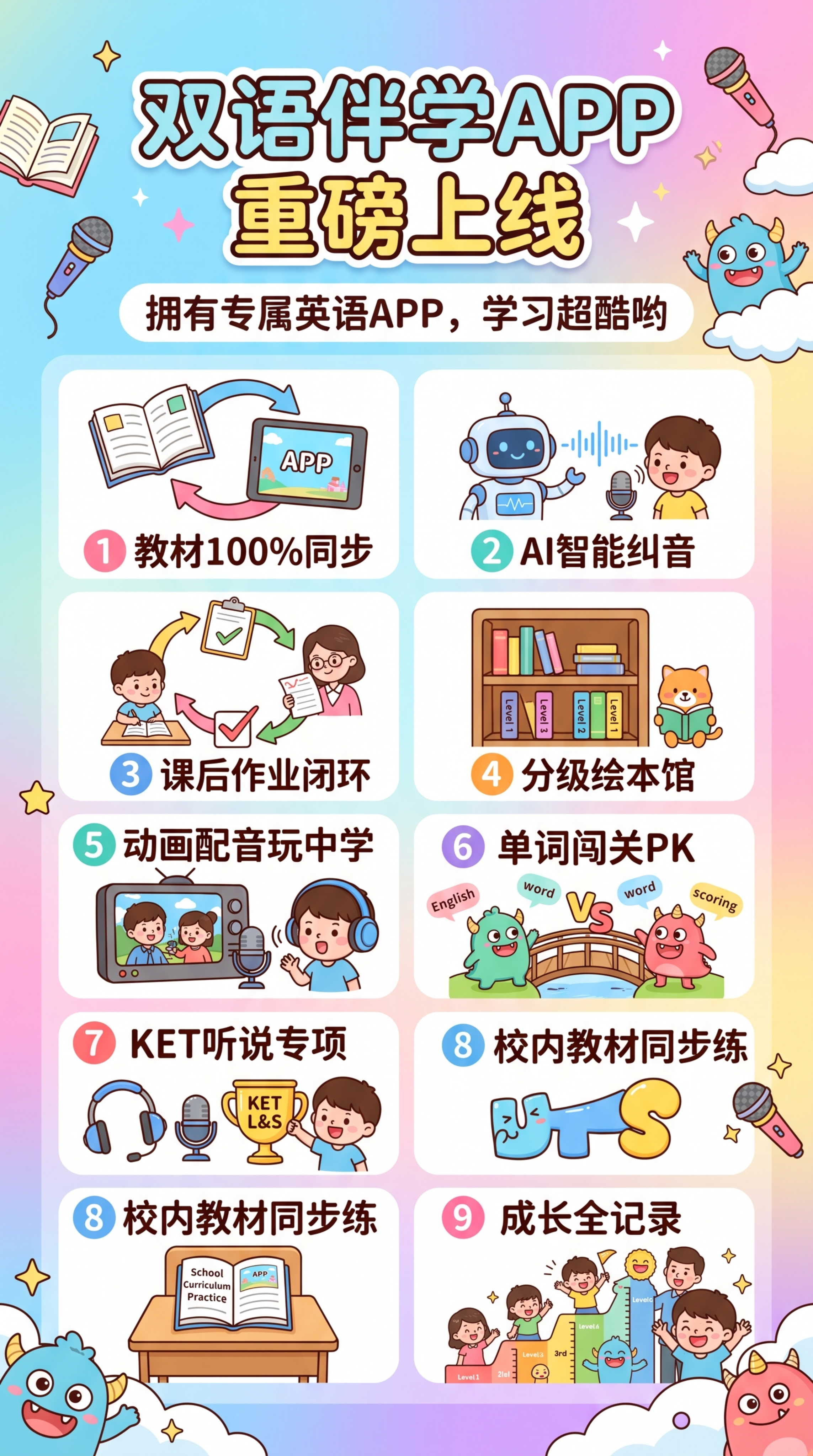 童趣卡通风格英语学习APP宣传海报，画面比例9:16，排版活泼… - 图片创意预览