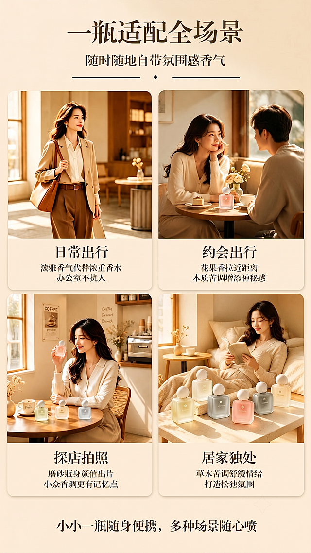 将图中居家独处区域的香水替换成第一张图里的香水，保持整体图片的布局、色调、文字不变，替换后自然融合保持真实光影效果