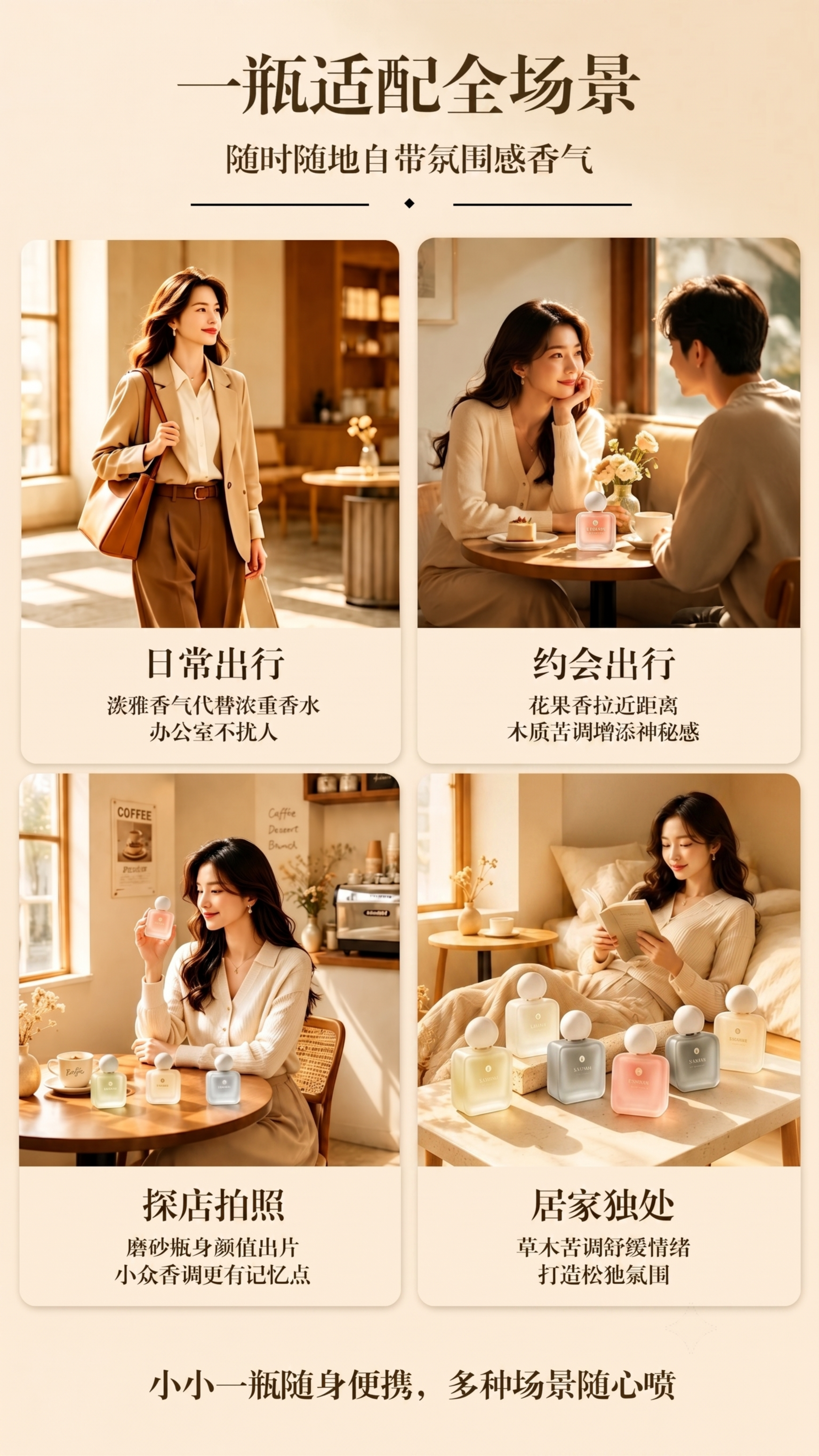 将图中居家独处区域的香水替换成第一张图里的香水，保持整体图片的… - 图片创意预览