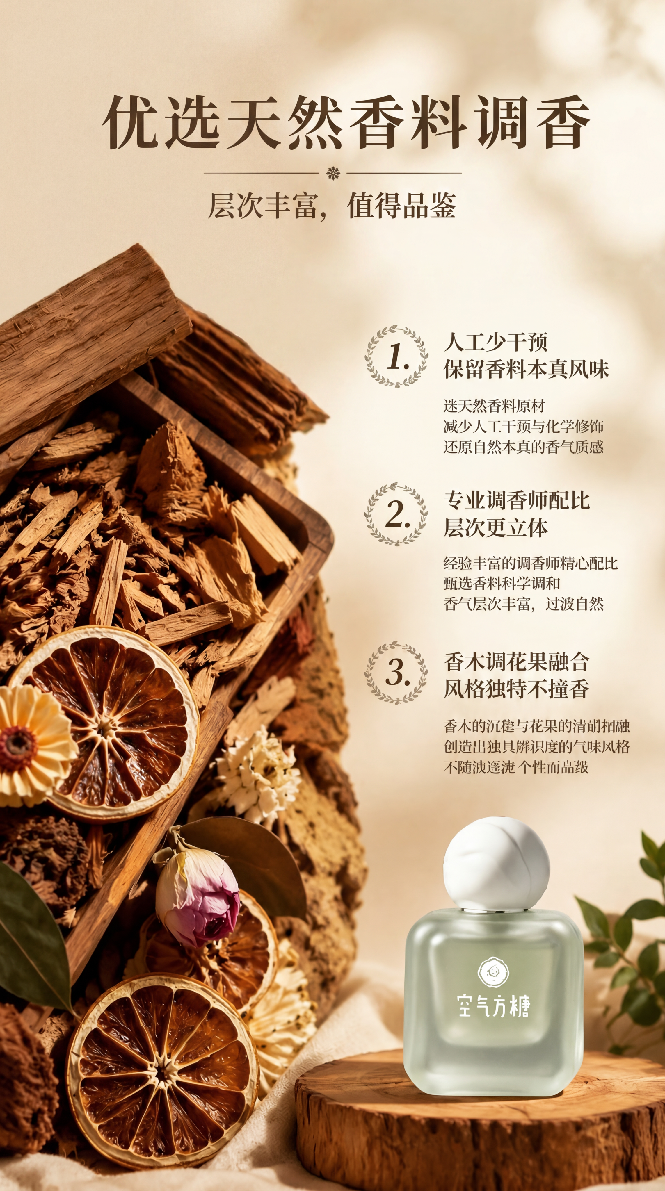 基于这张图片修改，将标题"优选天然香料调香"整体移动到页面居中… - 图片创意预览