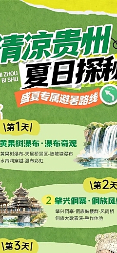 清新手绘风夏季暑假贵州旅游出行景点景区旅游路线宣传长图海报