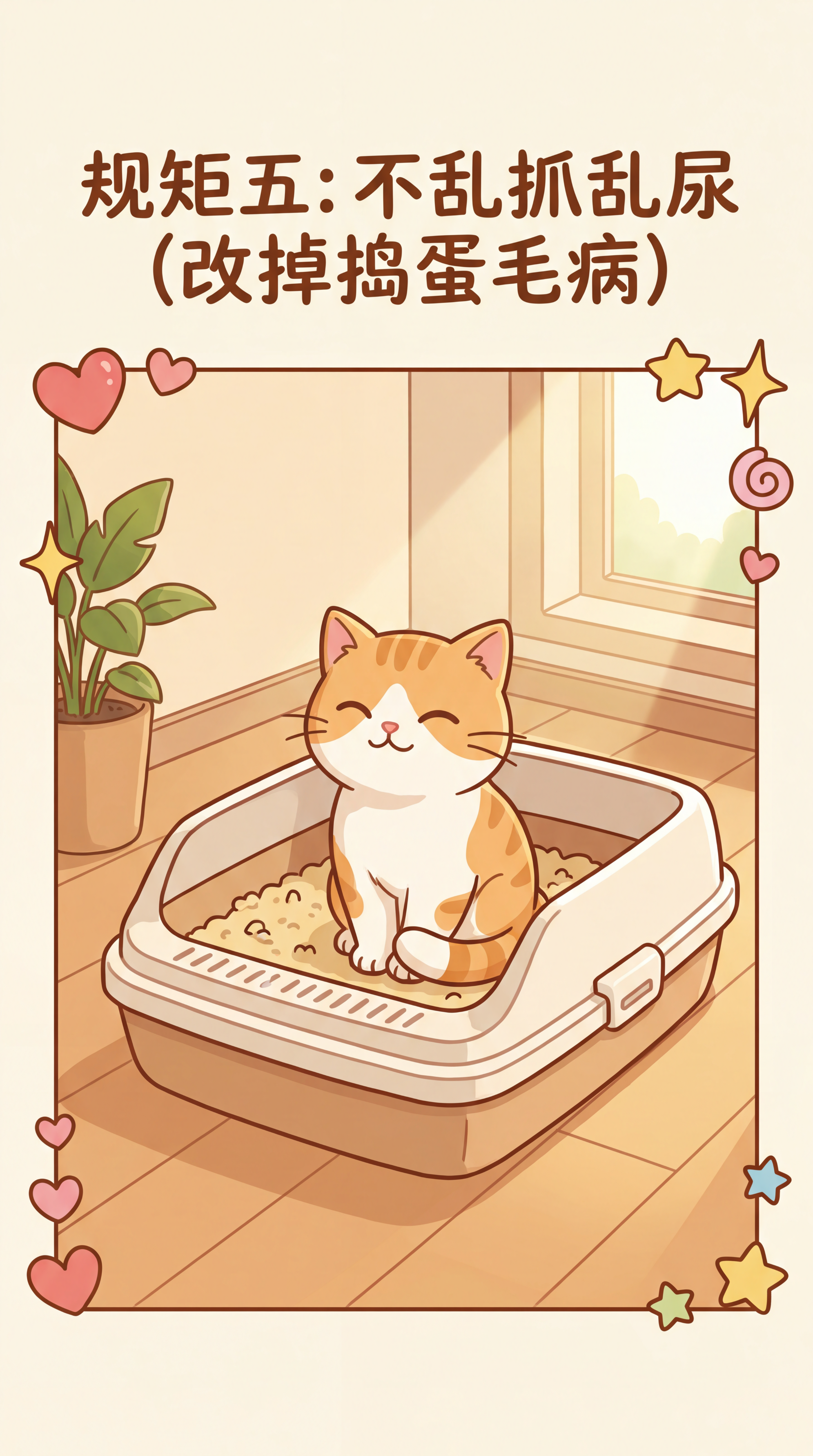 小红书养猫内容图，卡通风格，画面主体是乖巧小猫使用猫砂盆不乱抓… - 图片创意预览