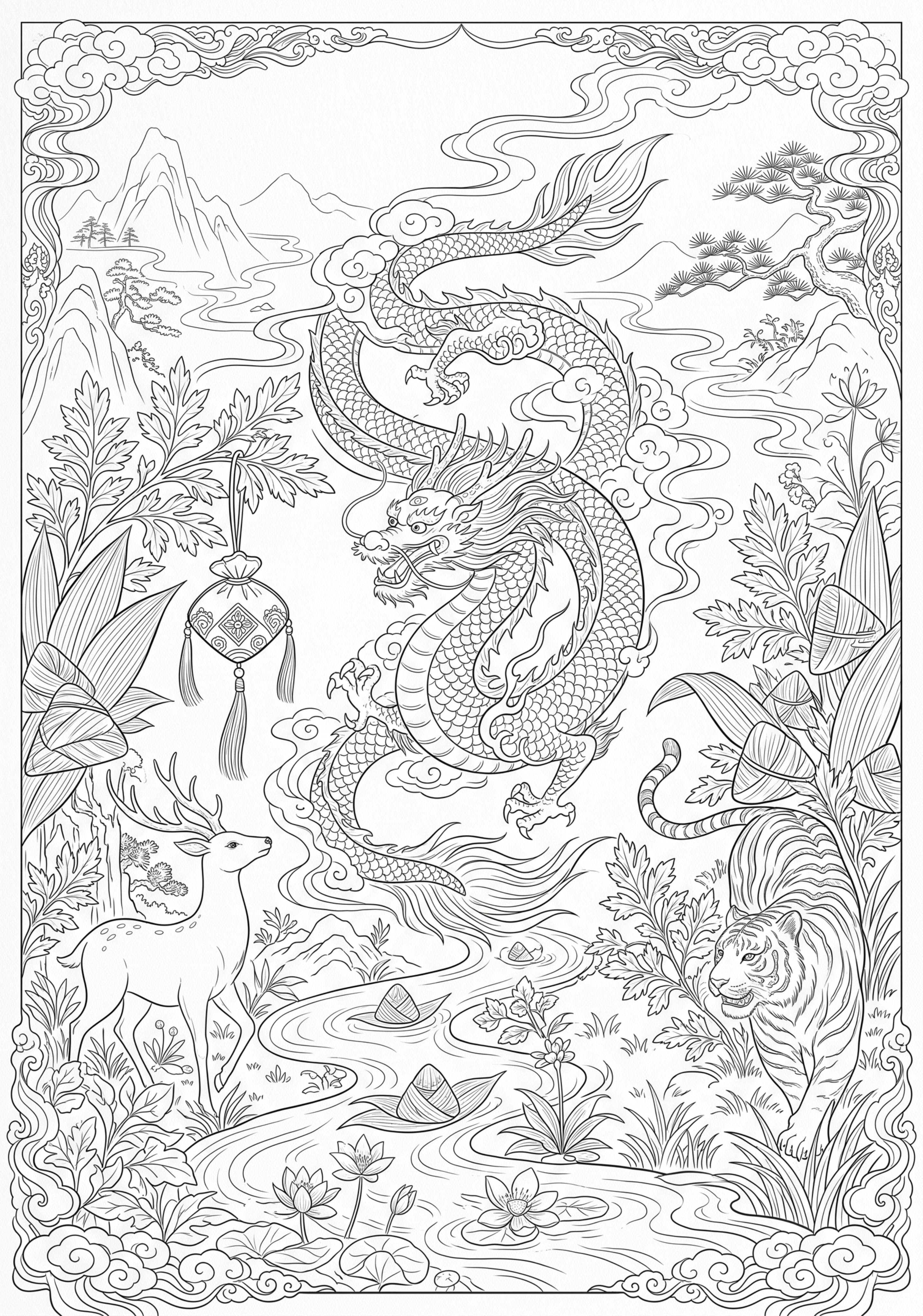 超高设计感森系白描端午图，画面融合粽叶、龙、云纹、山水、艾草、… - 图片创意预览