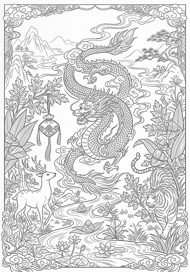 超高设计感森系白描端午图，画面融合粽叶、龙、云纹、山水、艾草、香囊、老虎、鹿元素，纯纯白背景，线条细腻简洁，国风端午主题设计