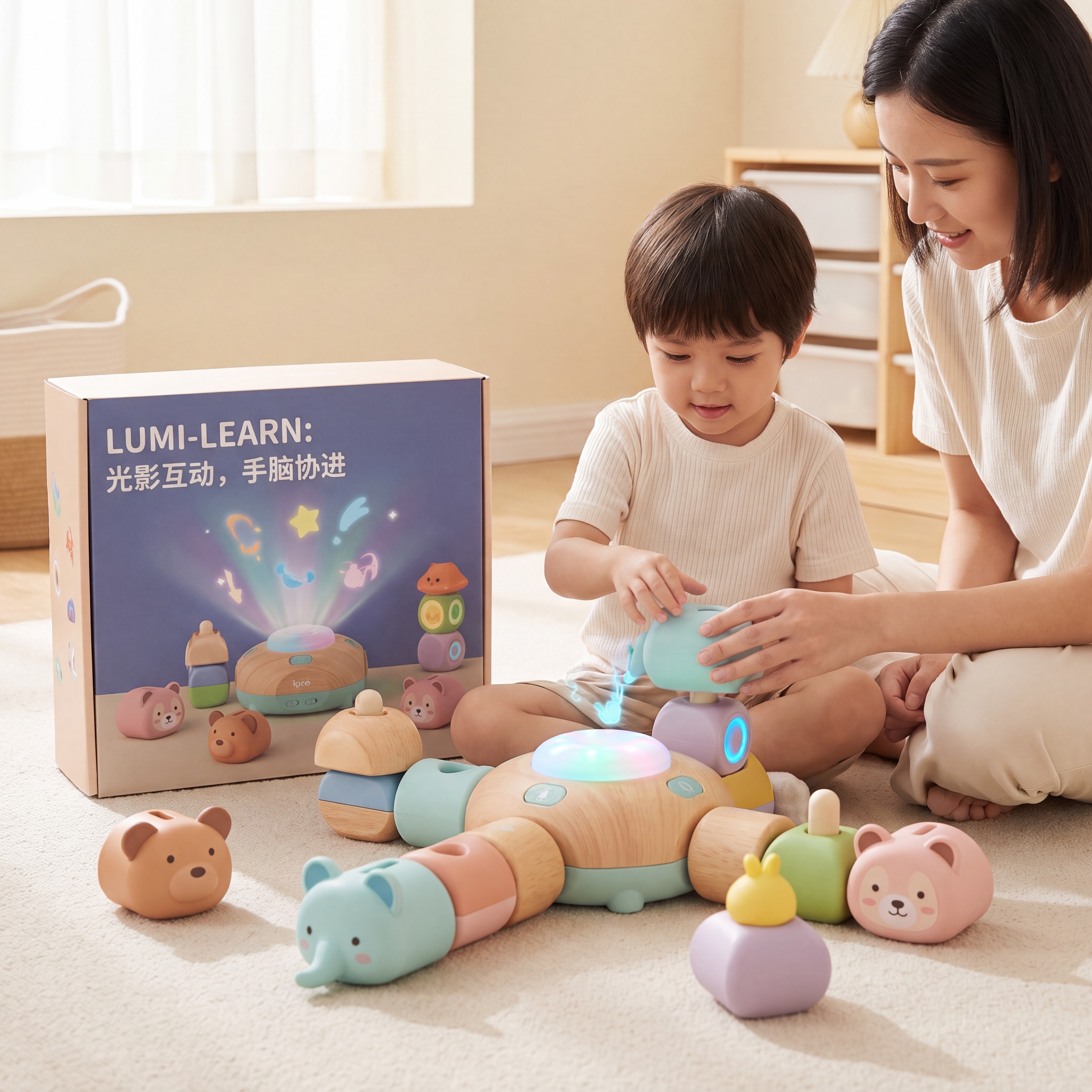生成一款面向3-6岁学龄前幼儿的儿童益智类智能玩具，设计风格可… - 图片创意预览